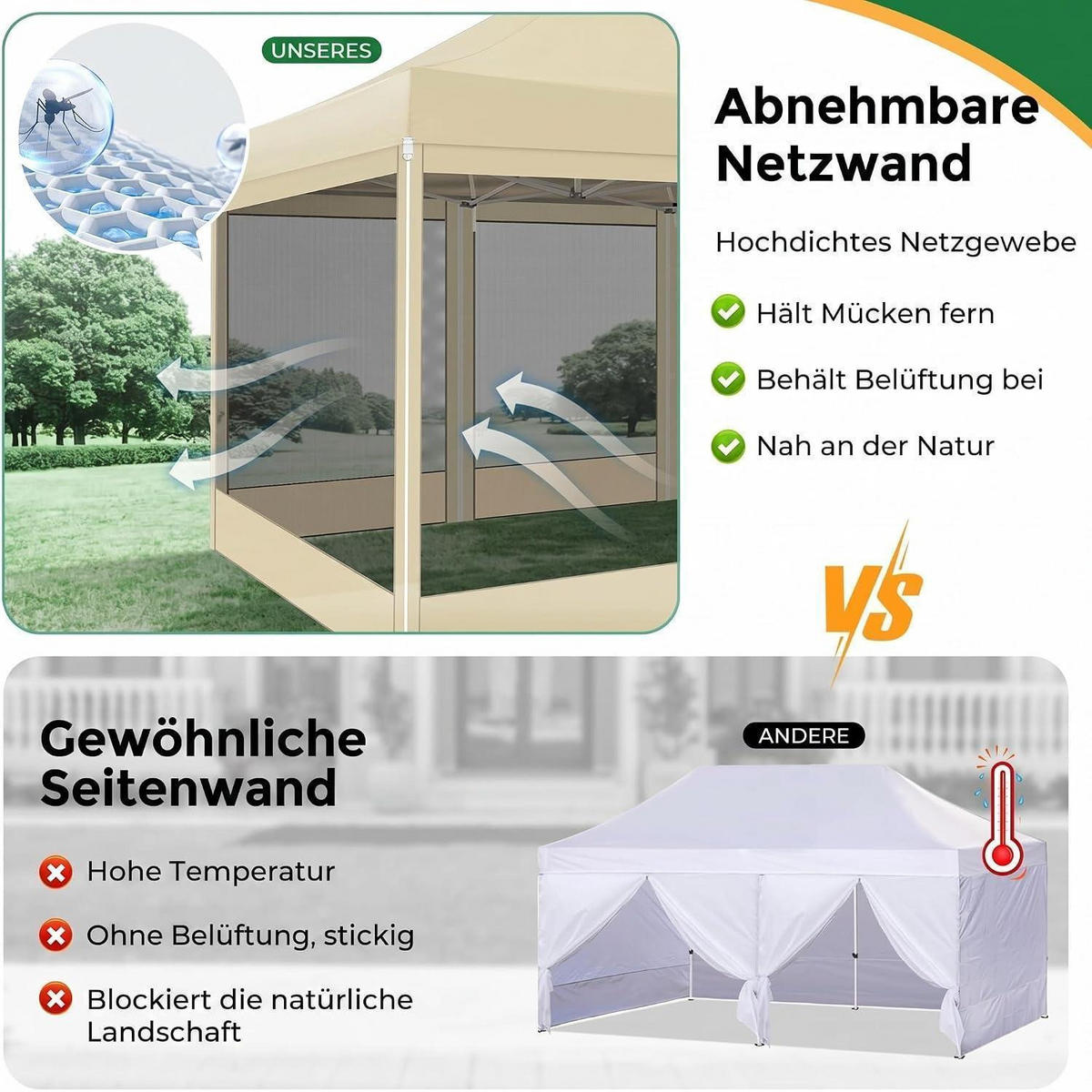 FALTPAVILLON 3 x 4,5 m Khaki Wasserdicht mit Moskitonetz - Olivgrün, Textil (300/335/450cm)