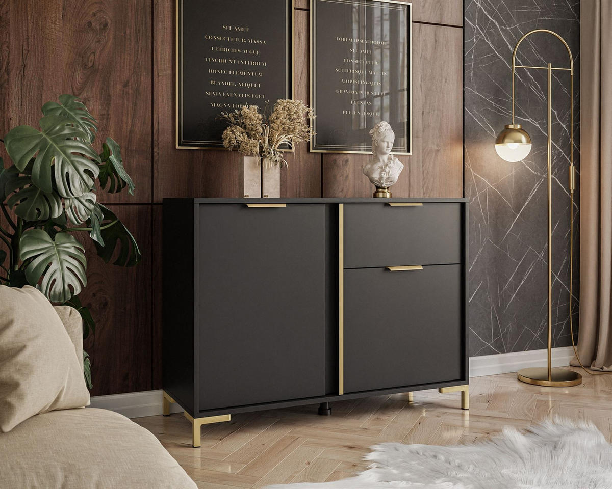 KOMMODE LARETTO 103 cm 2D1S anthrazit - Schwarz, Holzwerkstoff (103/75.4/40cm) - Lookway