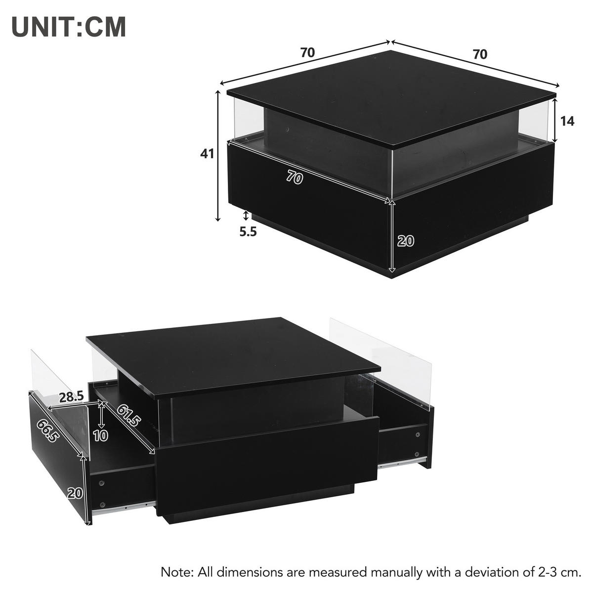 COUCHTISCH 70/70 cm mit LED-Beleuchtung und 2 Schubladen - Schwarz, Holzwerkstoff (70/70/41cm) - BEAOK