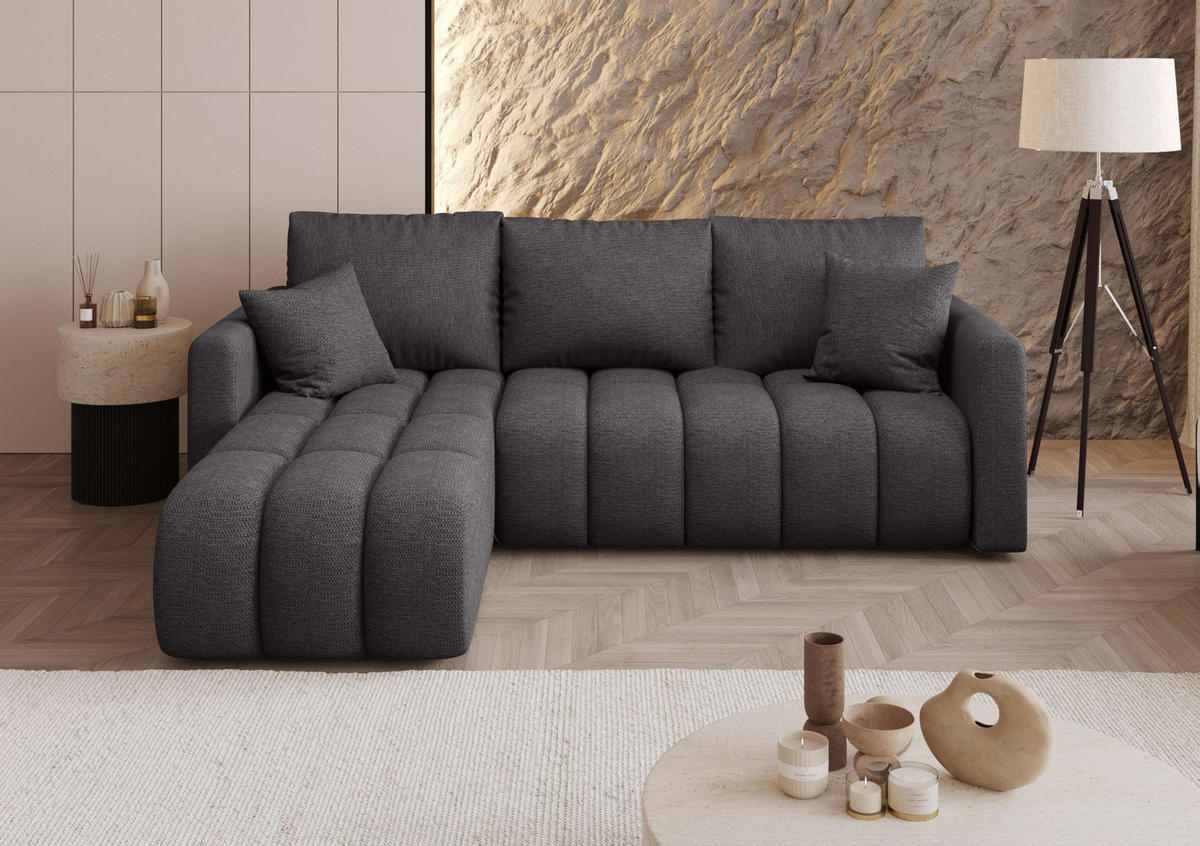 ECKSOFA GARDA links grau Strickstoff Aragon 93 - Schlaffunktion, Bettkasten - Grau, Textil (230/150cm) - Cornero