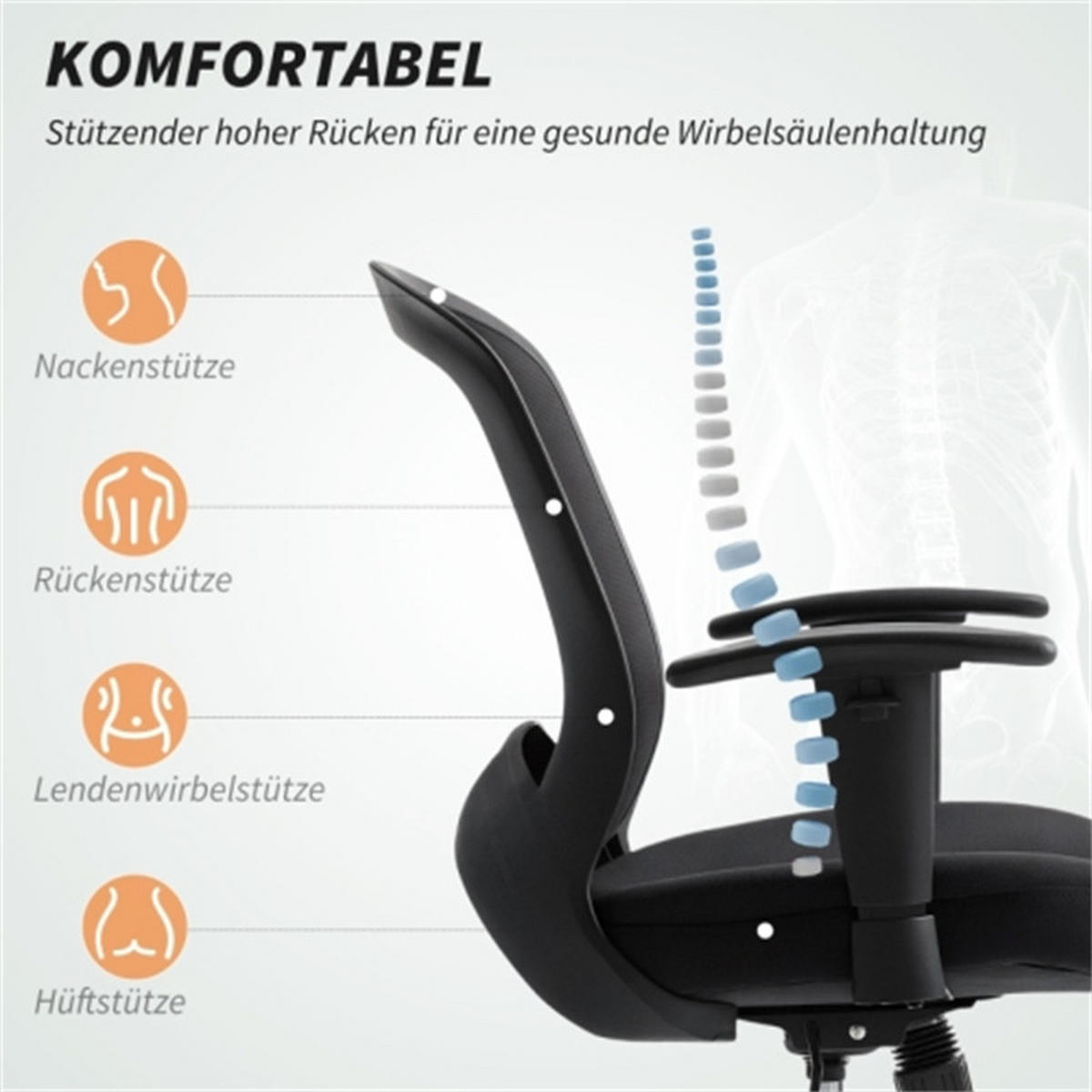 DREHBARER Bürostuhl Ergonomisch Schwarz, höhenverstellbar & drehbar, Metall-Netzstoff-Bezug, 65 x 59 x 102,5 cm - Schwarz, Kunststoff (65/102.5/59cm) - Albatros