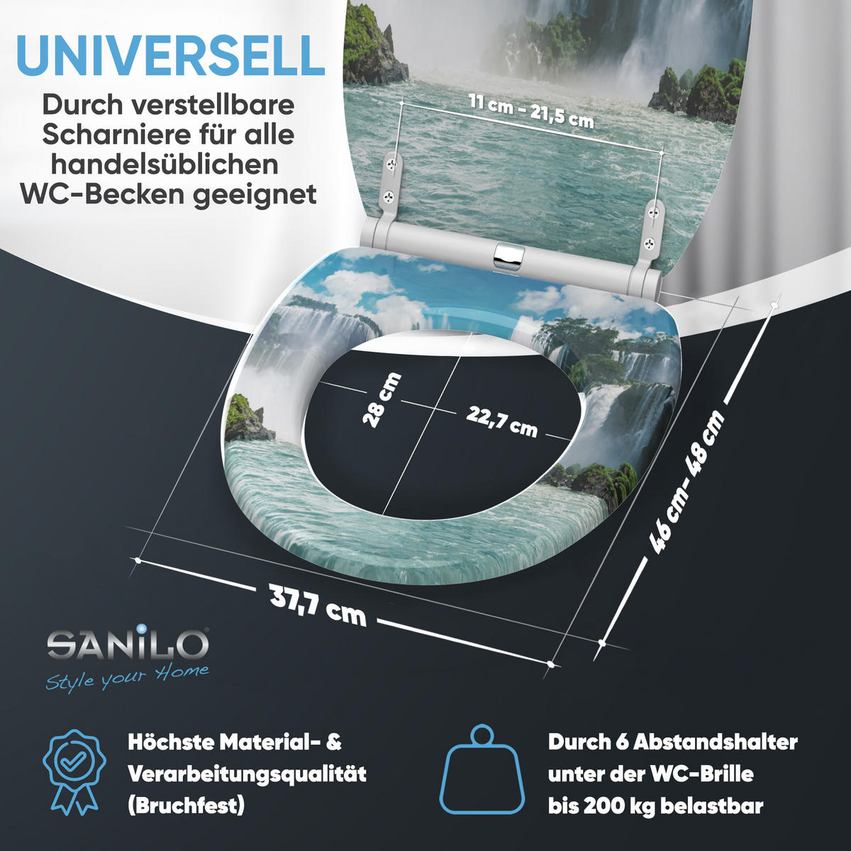 WC-SITZ mit Absenkautomatik & Top Fix Wasserfall - Blau, Holzwerkstoff (37.7/5.5/48cm) - Sanilo