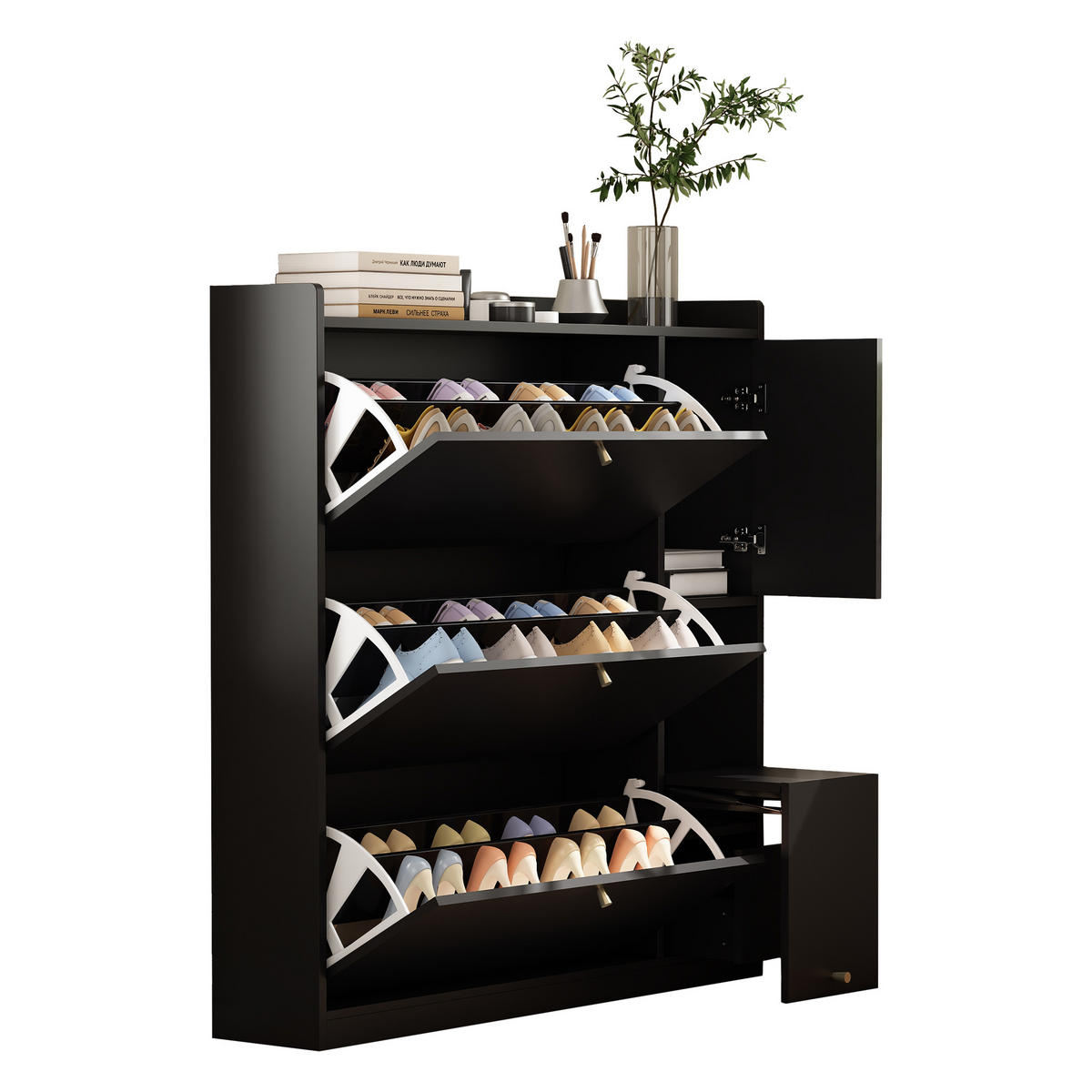 SCHUHSCHRANK mit Klappen 119/24/122 cm in Schwarz mit Sitzbank und Schublade - Schwarz, Holzwerkstoff (119/122/24cm) - BEAOK