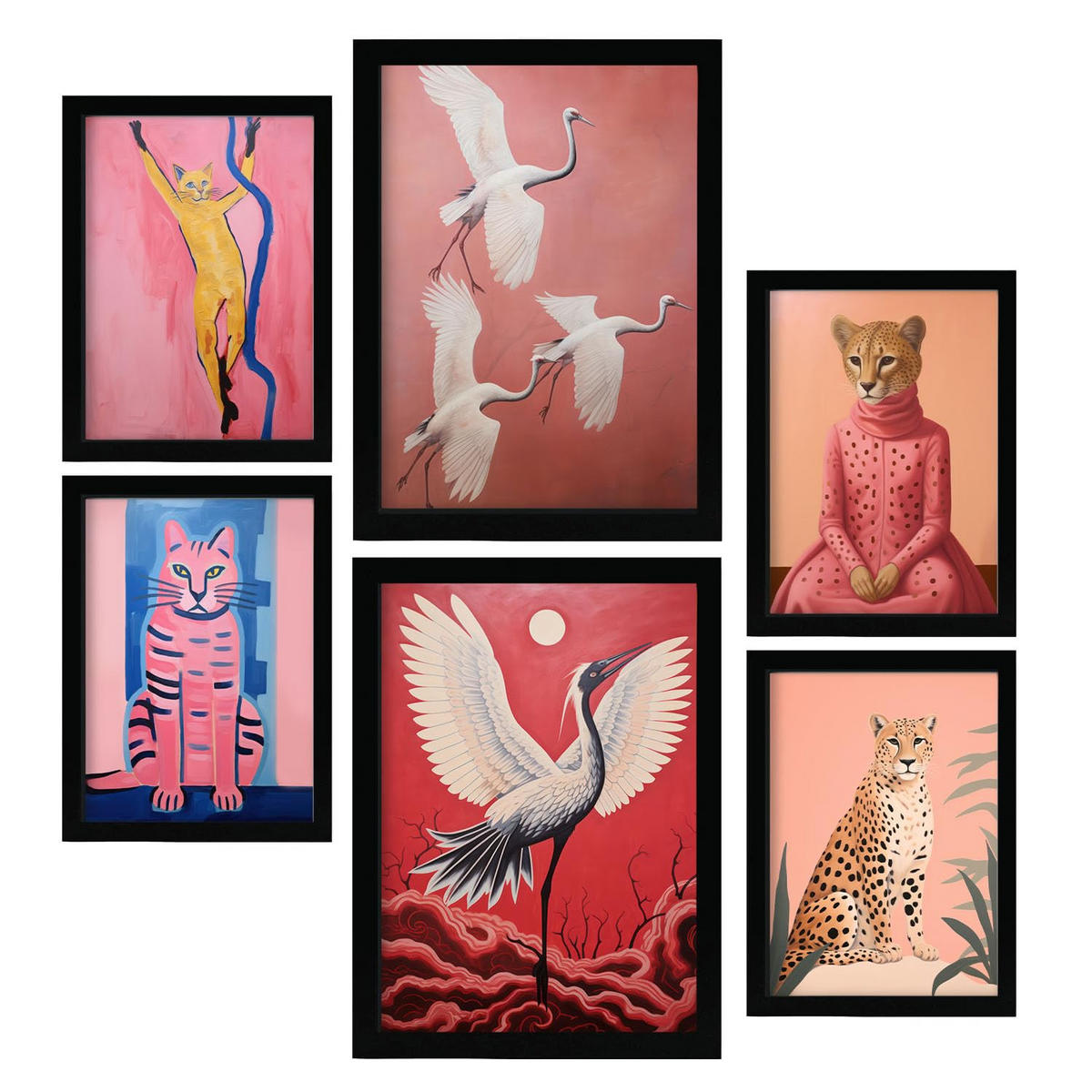 POSTER Set Mit 6 Charmante Kreatur In Vielseitiger A3 & A4 Schwarzer Rahmen - Schwarz, Papier (29/3cm) - Nacnic