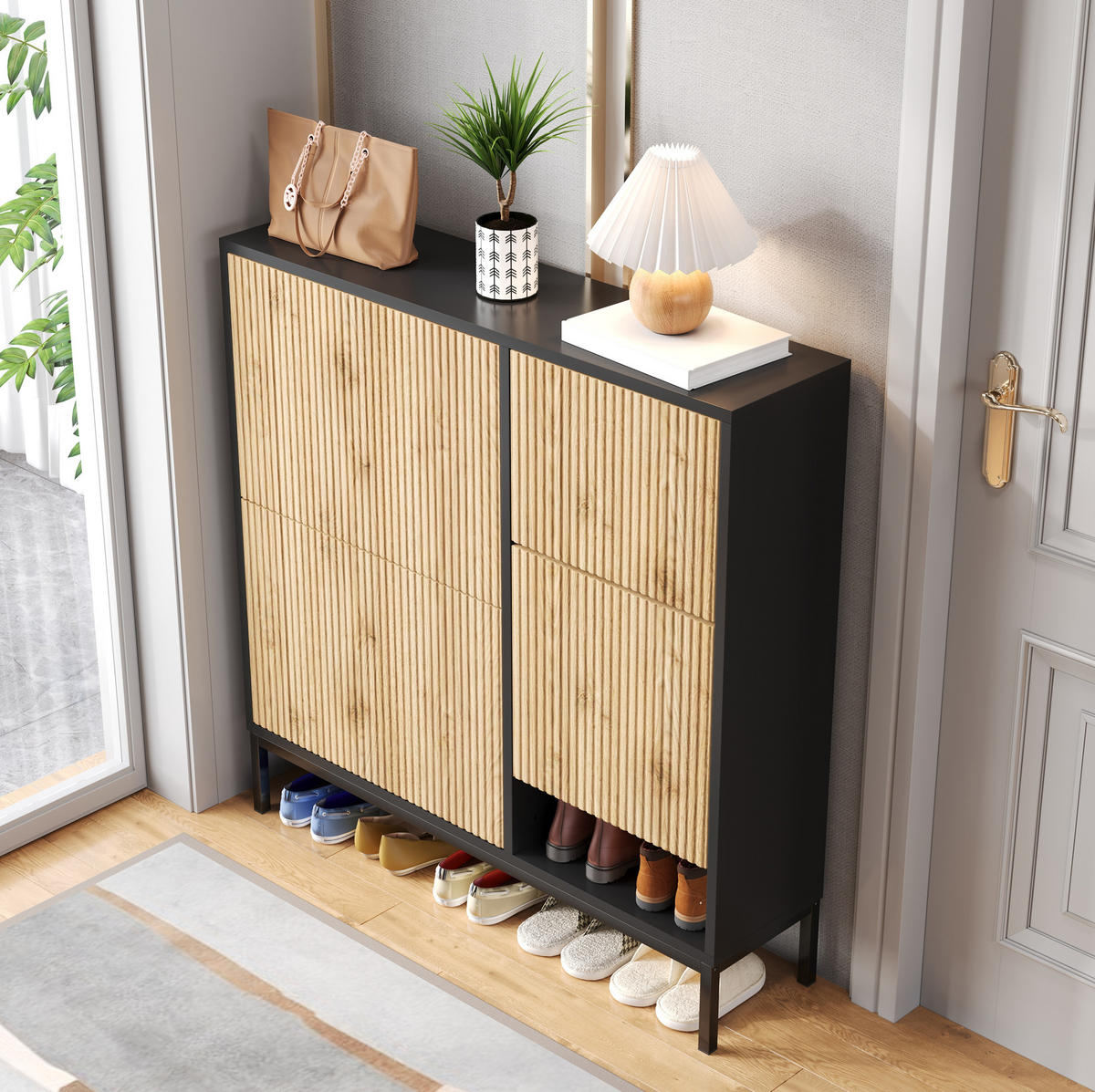 SCHUHSCHRANK mit 2 Schubladen und 2 Türen, strukturierte Paneele mit vergoldeten Akzenten, 100/25/100 cm, Schwarz und Holzfarbe - Naturfarben, Holzwerkstoff (100/25/100cm) - Redom