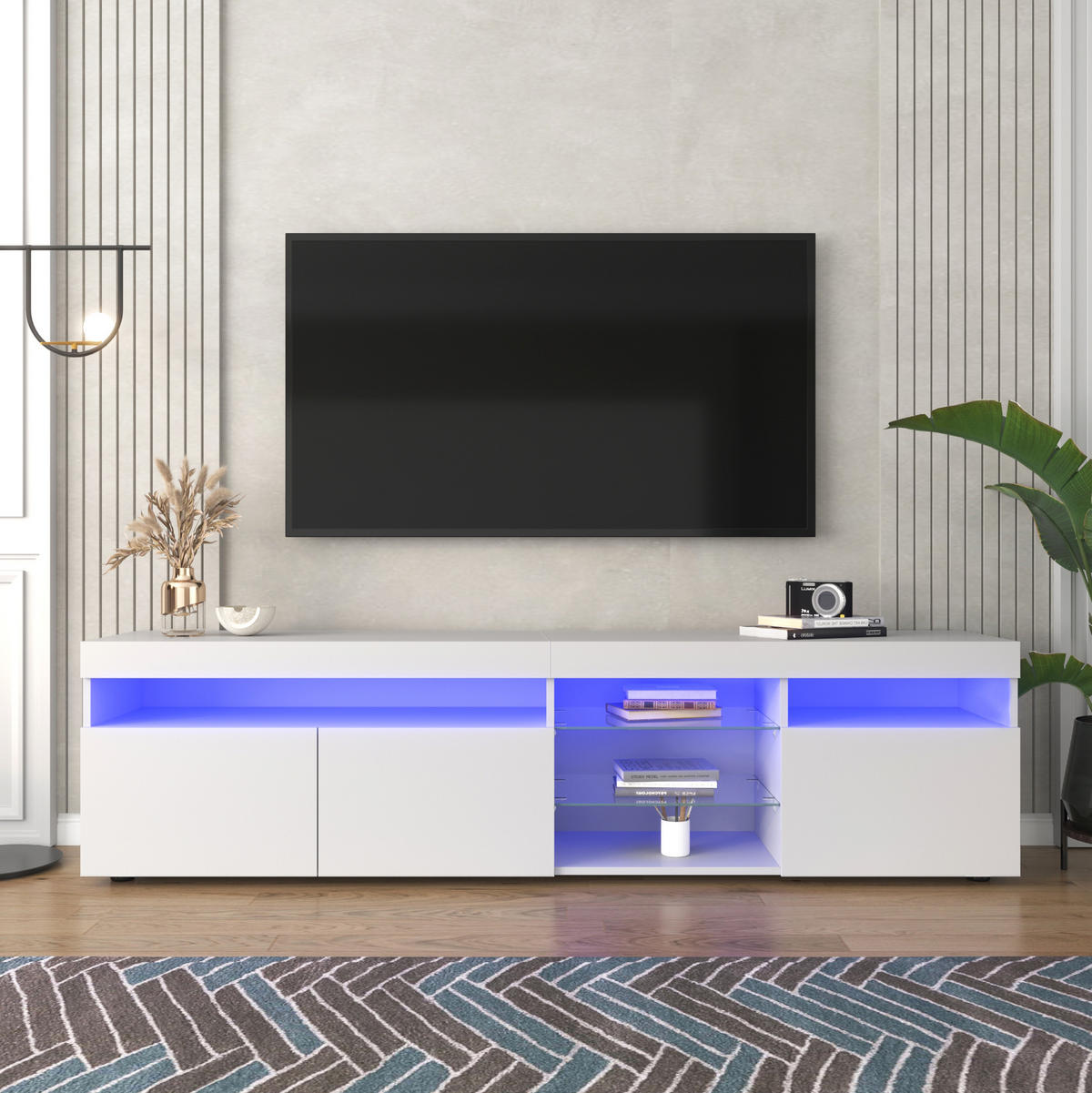 TV-LOWBOARD aus MDF 180x35x48 cm Weiß mit variabler LED-Beleuchtung und 3 Türen - Weiß, Holzwerkstoff (180/48/35cm) - IVMEU