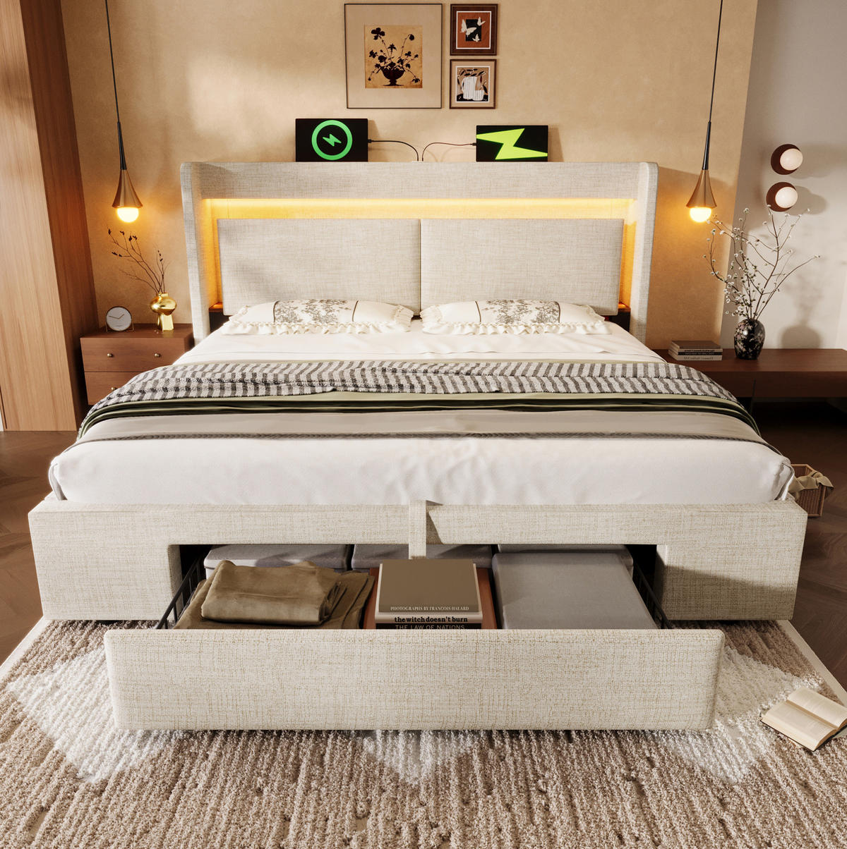 POLSTERBETT mit Stauraum, LED und USB 160x200 cm Leinen Beige inkl. Matratze - Beige, Metall (160/200cm) - Meubliv