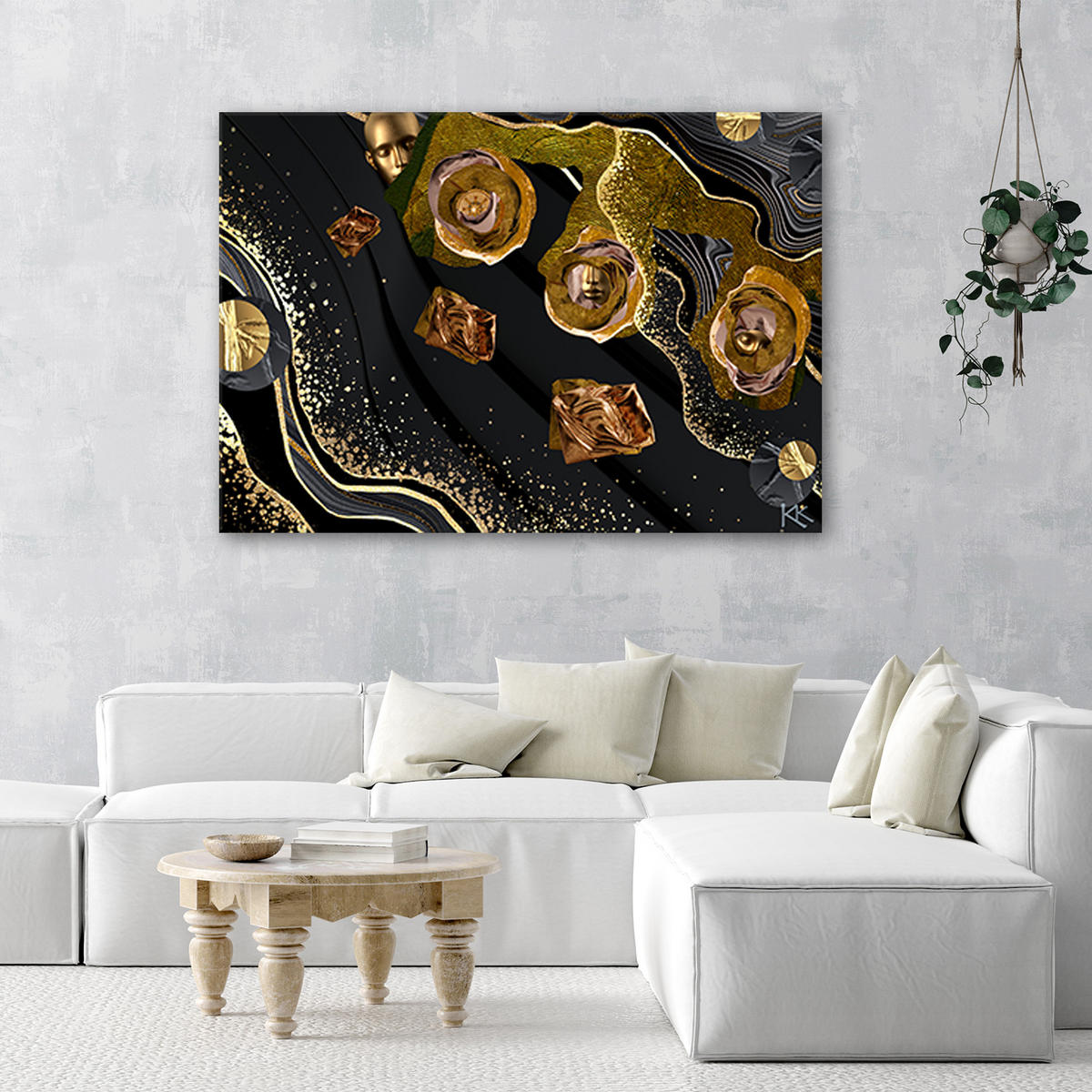 WANDBILD goldene gesichte abstrakt - Goldfarben, Textil (60/40cm) - Feeby