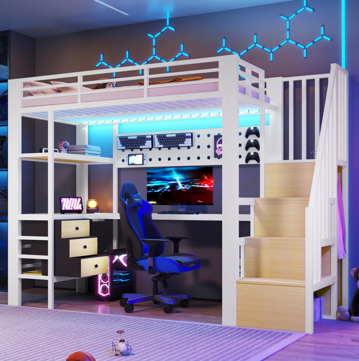 HOCHBETT 90/200 cm aus Metall und MDF mit Schreibtisch, Stauraum und LED-Beleuchtung Weiß - Weiß, Holzwerkstoff (90/200cm) - Modenvie