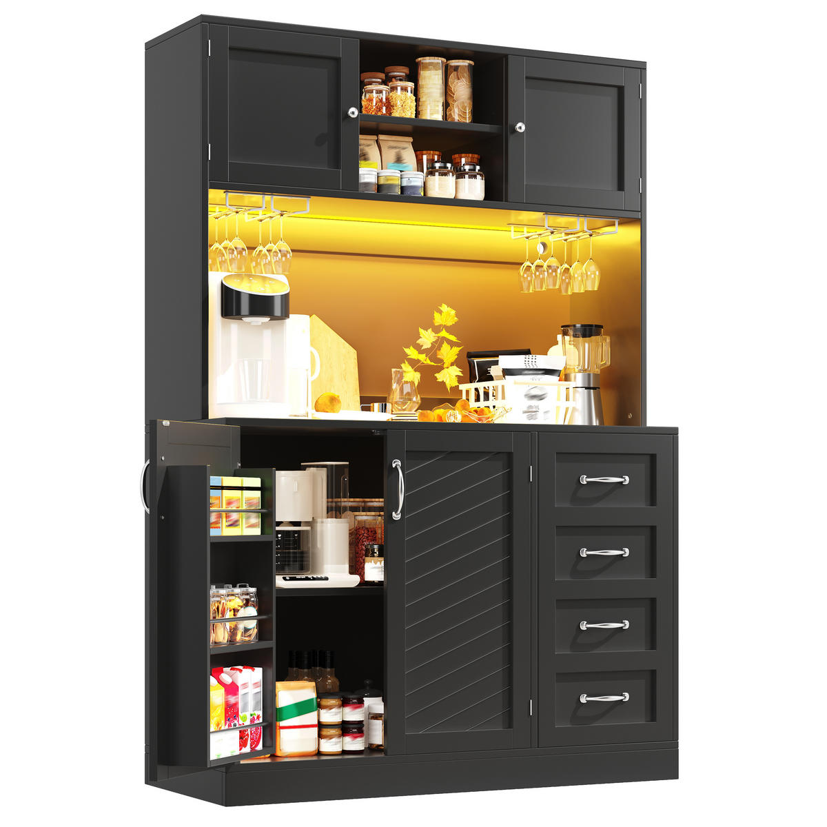 BUFFETSCHRANK Kombi Schwarz 120/40/188 cm - Schwarz, Holz (120/188/40cm) - PANGIVO