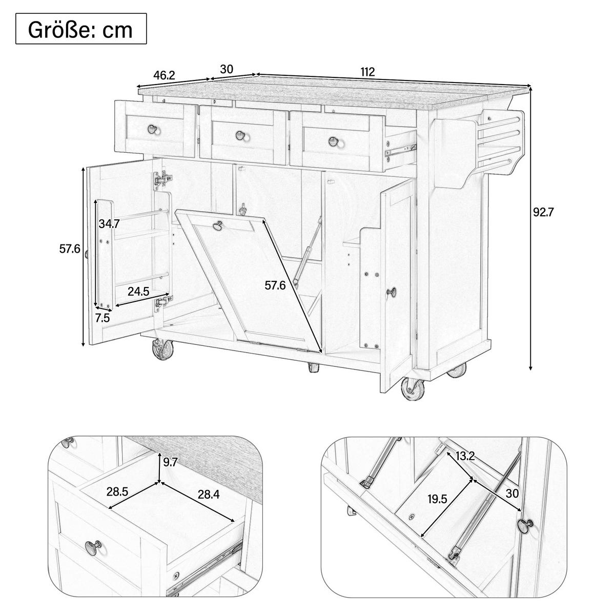 KÜCHENINSEL 112x46.2-76.2x92.7 cm Grau mit Ausziehplatte & Mülleimer-Fach - Grau, Holzwerkstoff (112/92.7/76.2cm) - Modfu