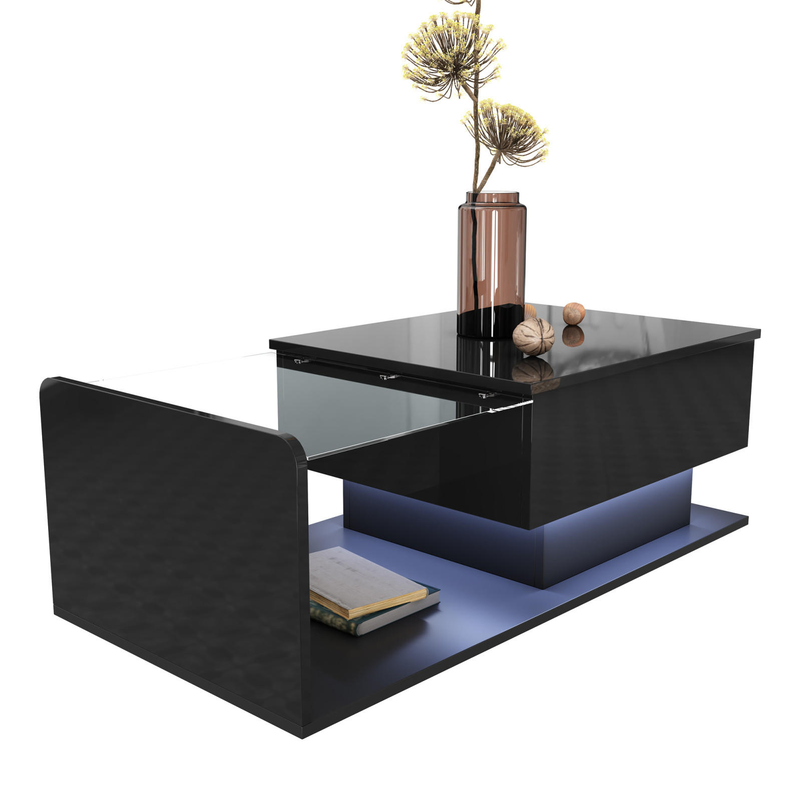 COUCHTISCH Schwarz Hochglanz mit LED, Glasplatte und Schublade - Schwarz, Metall (100/50/47cm)