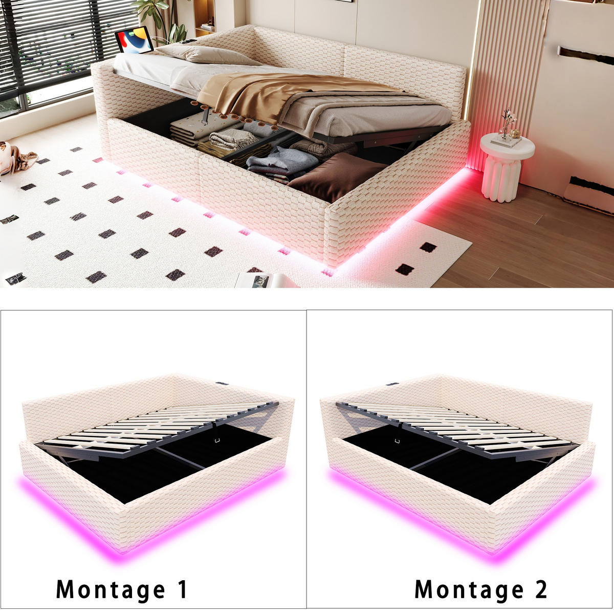 POLSTERBETT 140/200 cm Beige mit LED-Beleuchtung, USB-C-Anschluss und 2 USB-Anschlüssen - Beige, Textil (140/200cm) - Oxeza