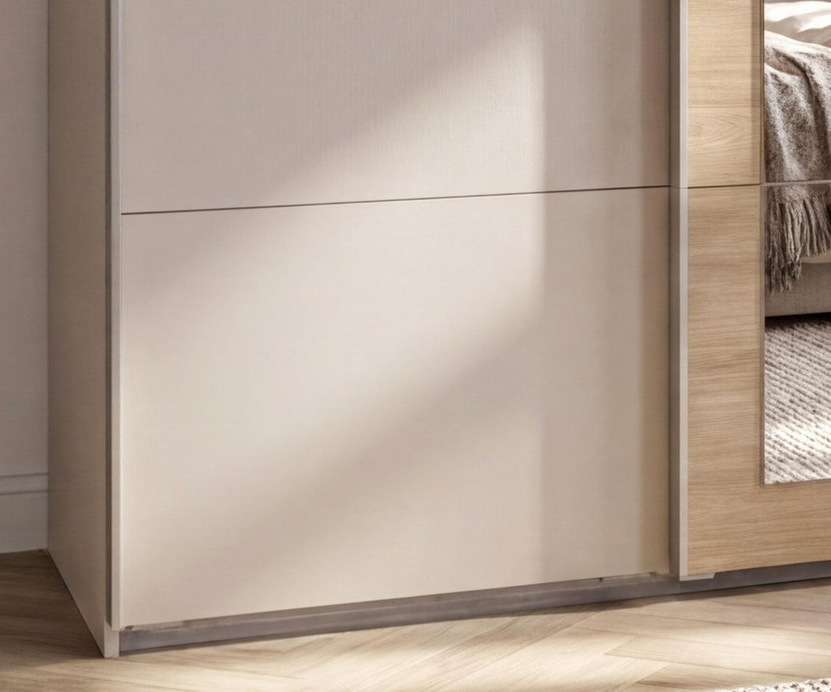 SCHWEBETÜRENSCHRANK 3-türig B270/H208/64 cm Kleiderschrank in Beige Grau, Spiegel umrahmt in Eiche Natur, Griffe Beige Grau / 22628 - Beige, Holzwerkstoff/Metall (270/208/64cm) - luma-home