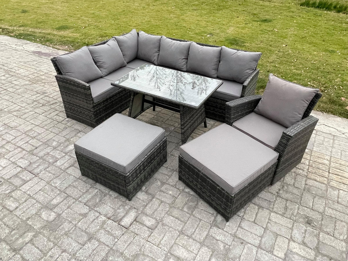 SITZGRUPPE mit Ecksofa,große Fußhocker,Stuhl Polyrattan Dunkelgrau 9-Sitzer - Dunkelgrau/Grau, Glas/Kunststoff - Fimous