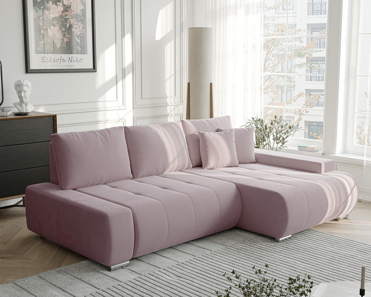 ECKSOFA NIKO Rechts, mit Schlaffunktion und Bettkasten, Rosa - Rosa, Textil (227/153cm) - Idohome