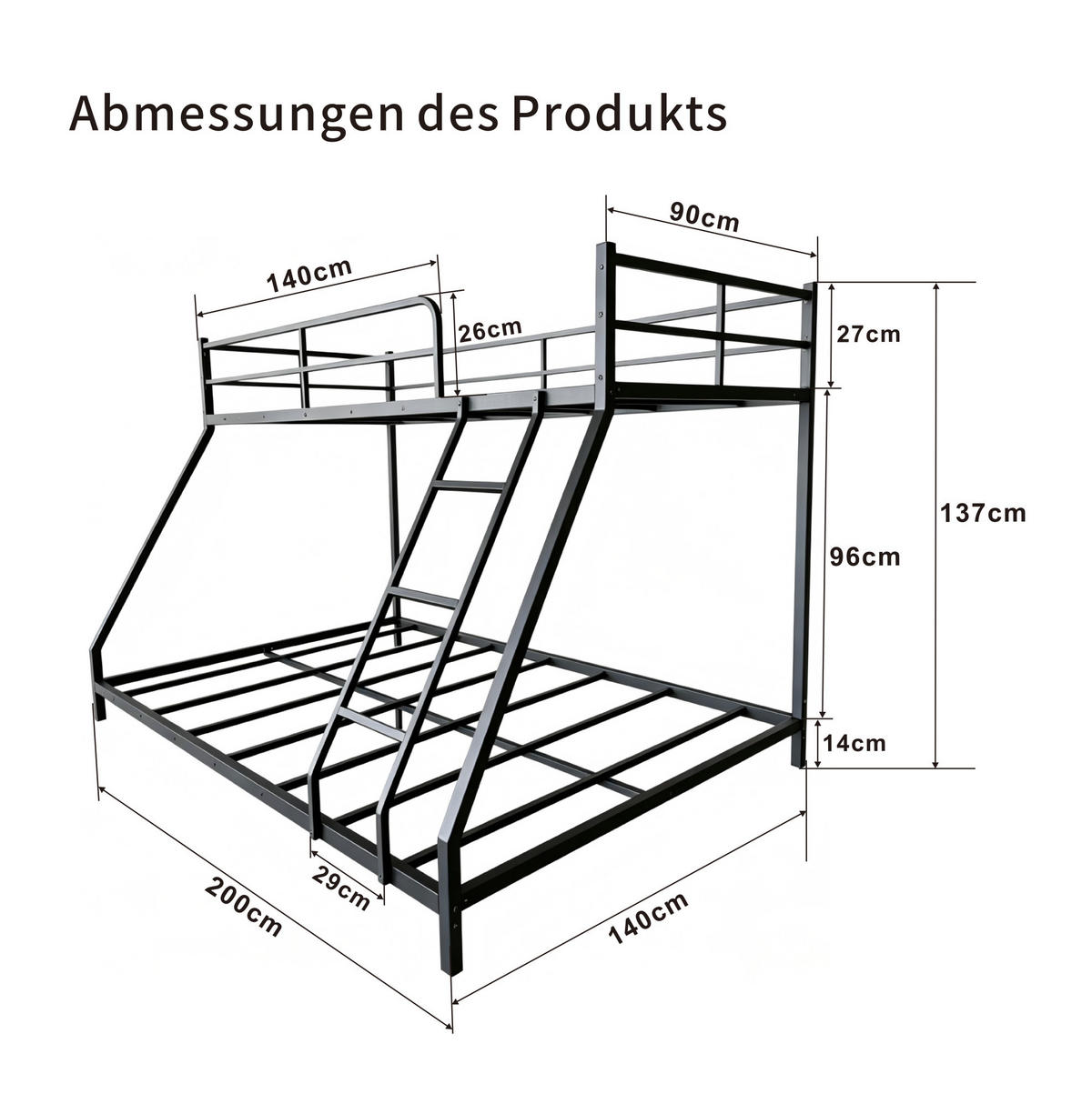 ETAGENBETT 140x200 cm in Schwarz mit Metallrahmen und 2 Schlafplätzen - Schwarz, Metall (140/200cm) - IVMEU