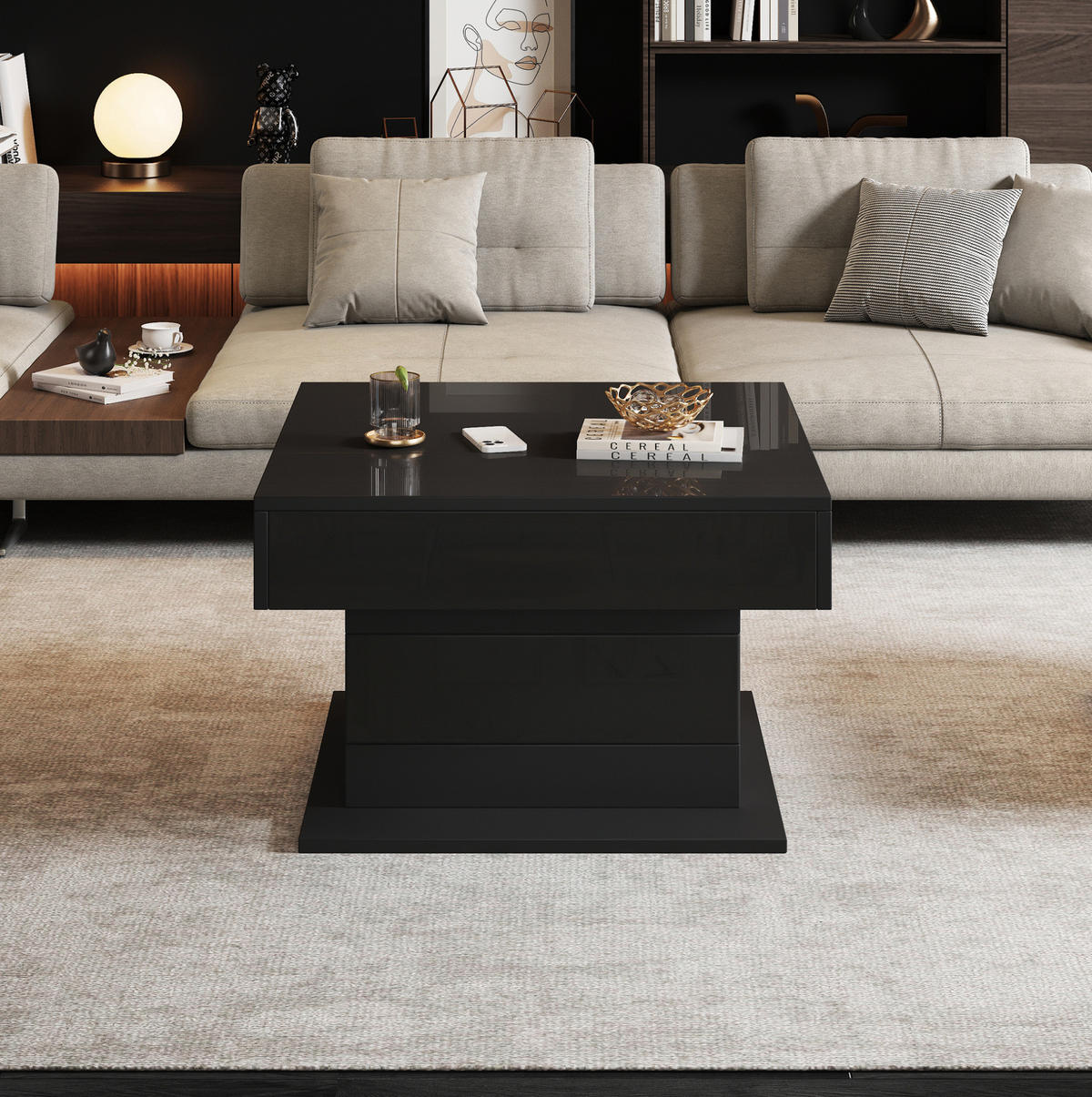 COUCHTISCH aus Spanplatte 70x70x45 cm Schwarz mit drehbarer, höhenverstellbarer Platte und verstecktem Stauraum - Schwarz, Holzwerkstoff (70/70/45cm) - Modfu