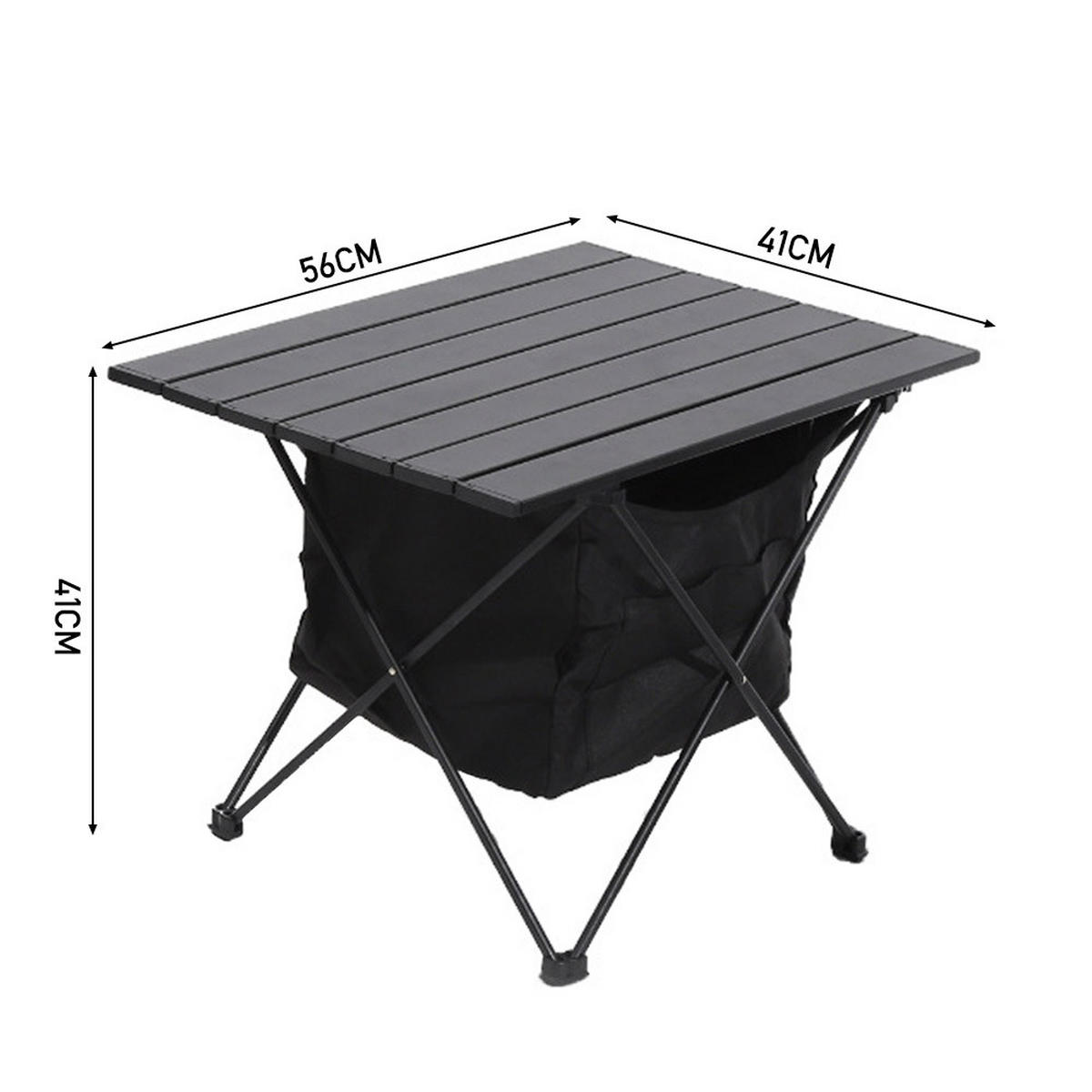 CAMPINGTISCH aus Aluminium mit Rollplatte und Aufbewahrungskorb Oxford-Gewebe Tragbar Kompaktes Faltmaß 56 x 41 x 41cm 1,42 kg - Schwarz, Metall (41/56/41cm) - Livingandhome