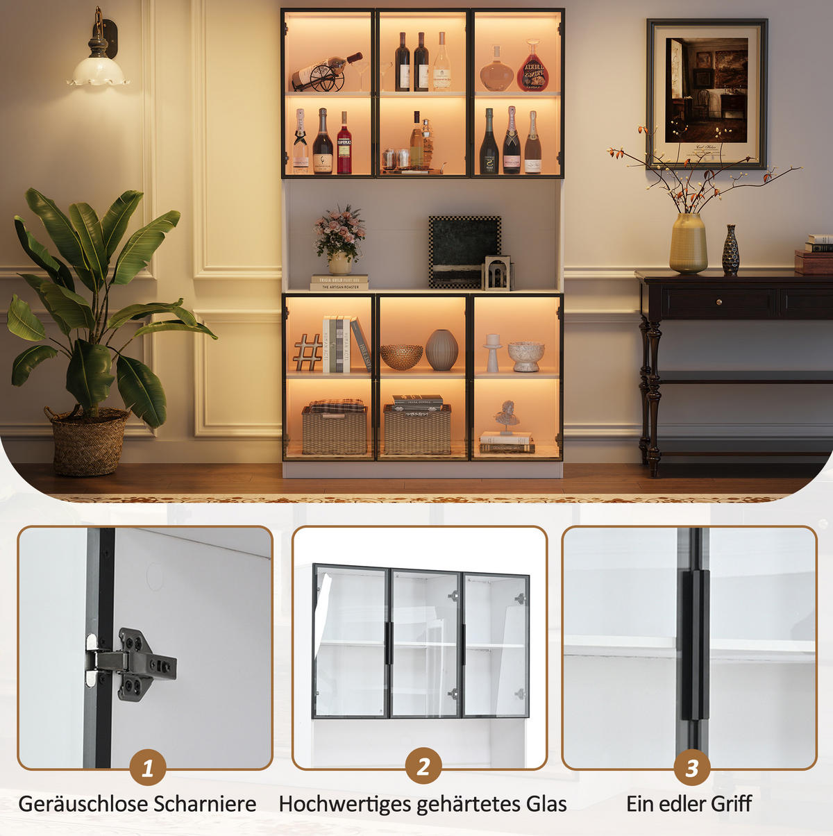 VITRINE 120/34/200 cm in Weiß mit 6 Glastüren und LED-Beleuchtung - Weiß, Holzwerkstoff (120/200/34cm) - Flora Grace