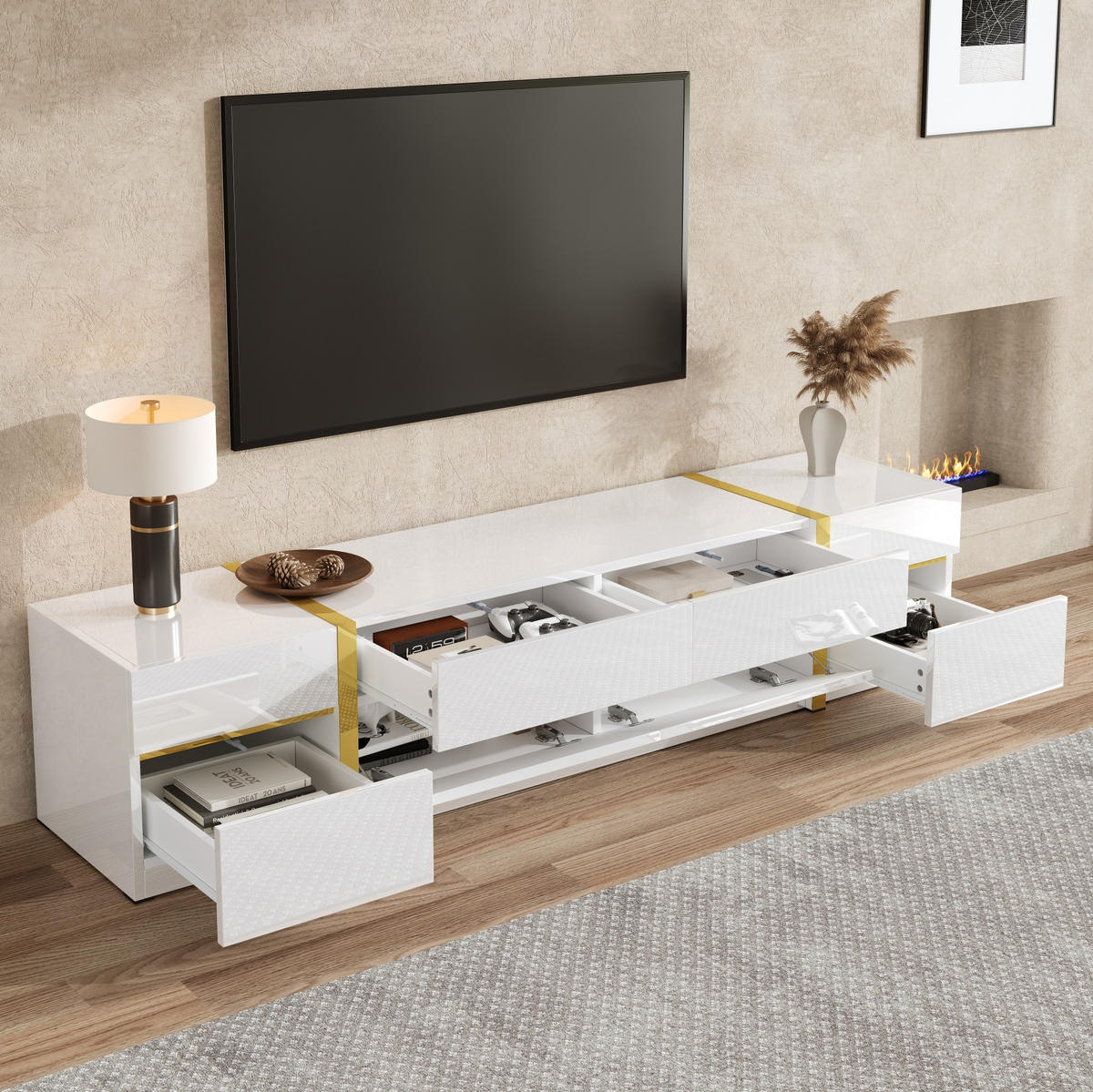 TV-SCHRANK mit 4 Schubladen und 2 Türen 180 cm MDF Weiß Hochglanz - Weiß, Holzwerkstoff (40/38/180cm) - Beauniv