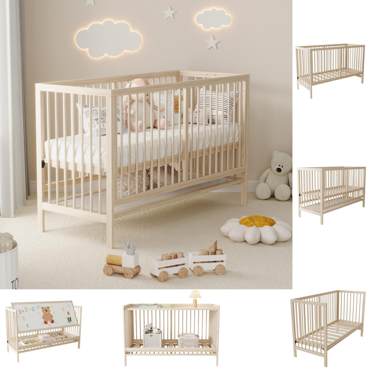 BABYBETT 140x60x90 cm multifunktional - Naturfarben, Holz (140/200cm) - LEBENLANG