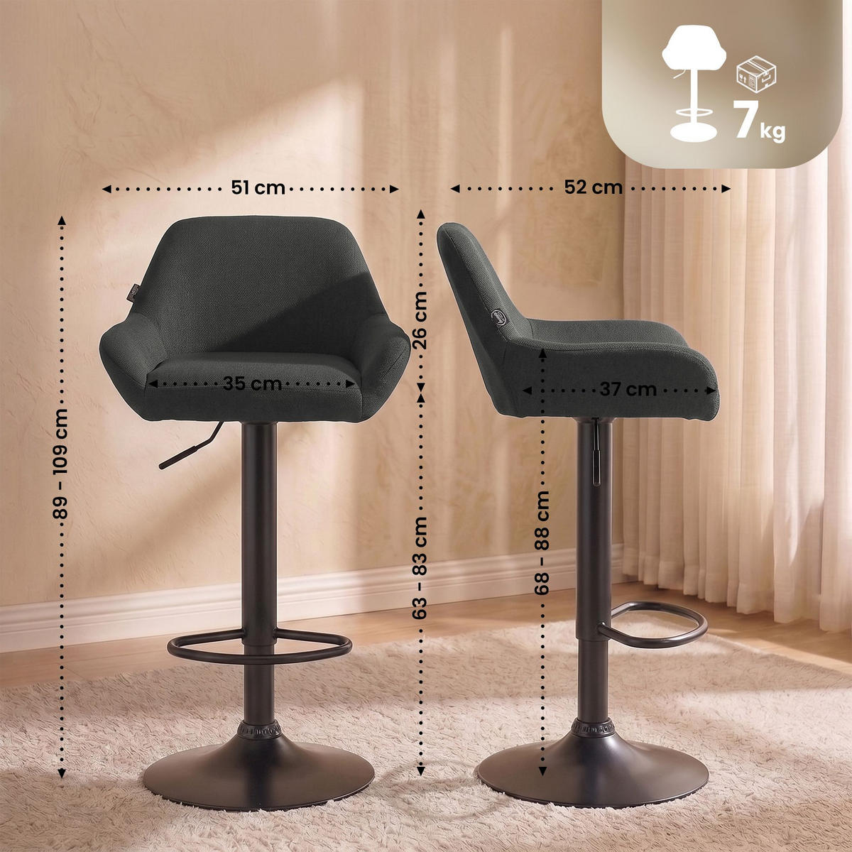BARHOCKER Stoff dunkelgrau - Dunkelgrau/Schwarz, Textil/Metall (51/89/52cm) - CLP