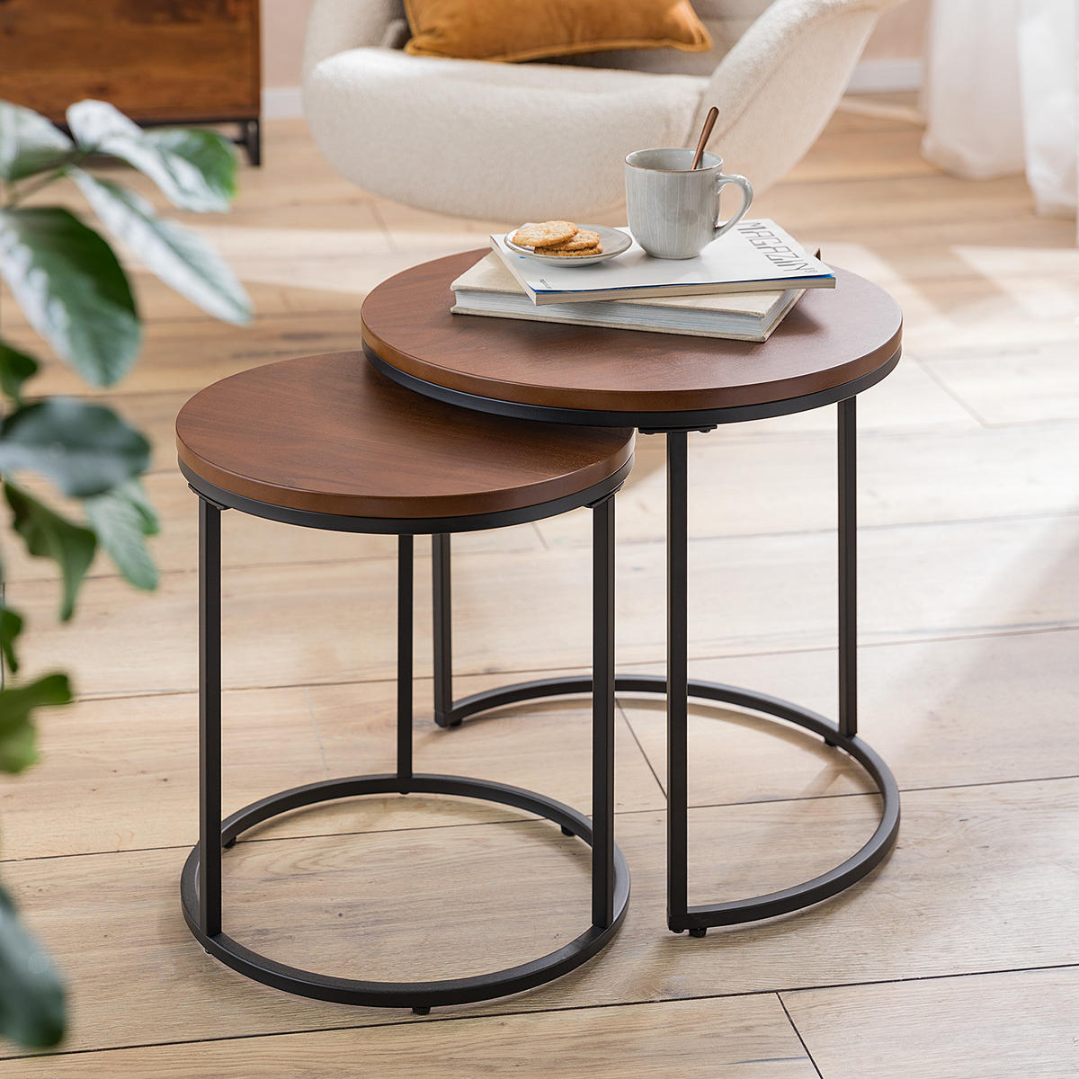 BEISTELLTISCH (2er-Set) - Walnuss / Schwarz - Braun, Holzwerkstoff/Metall (1/1/1cm) - home24