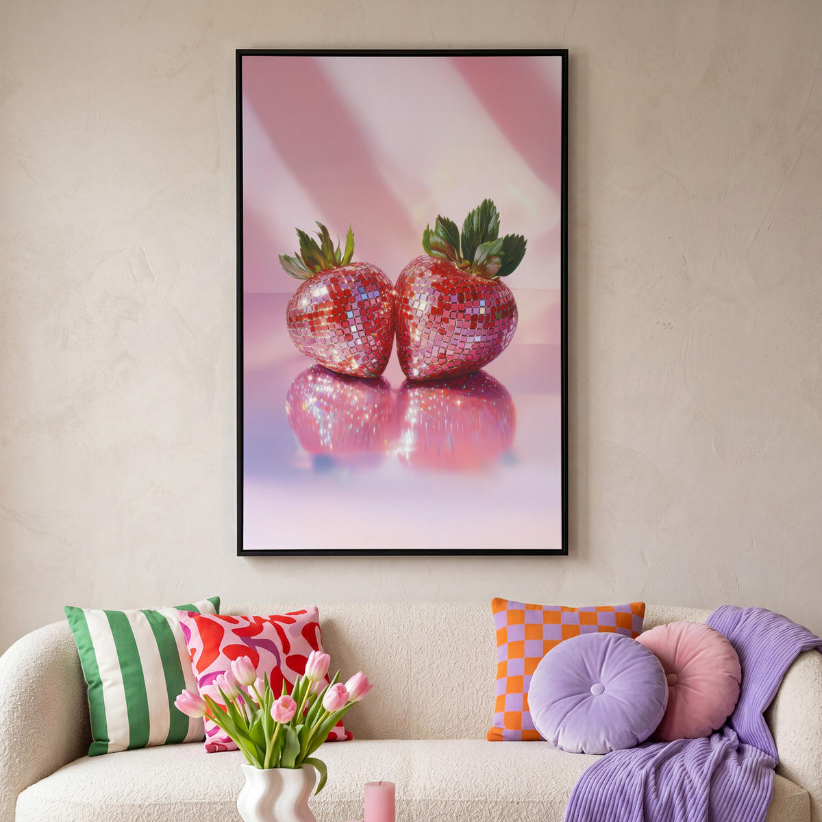 LEINWAND Bilder mit Rahmen - Disco - Obst - Glitzer - Erdbeere - 90x140 - Pink, Textil (90/140cm) - MuchoWow