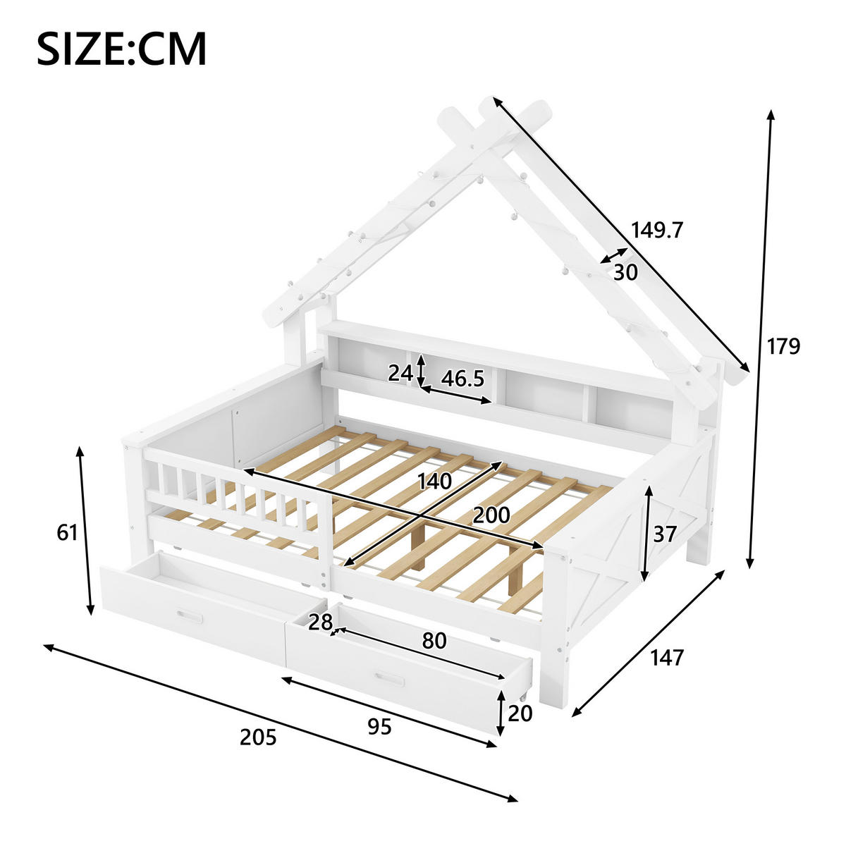 HAUSBETT 140/200 cm in Weiß mit 2 Schubladen, LED und Regal - Weiß, Holz/Holzwerkstoff (140/200cm) - WISHDOR