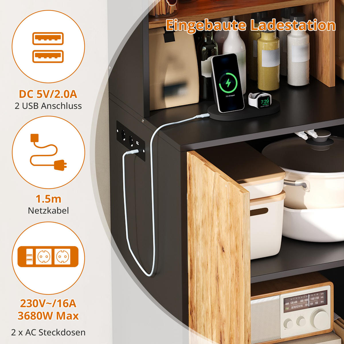 BUFFET DE-38743 120/43/160 cm LED-Beleuchtung und Lochwand Natur - Naturfarben, Holzwerkstoff (120/160/43cm) - ComfortXL