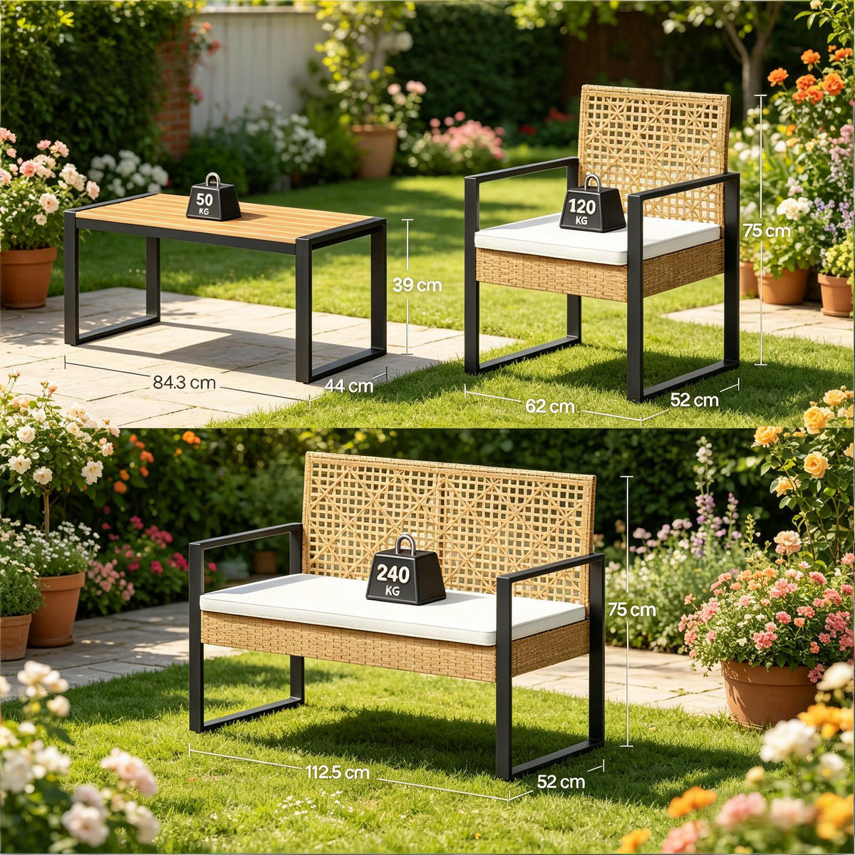 GARTENMÖBEL-SET Naturholz 4-teilig inkl. Couchtisch & abnehmbaren Polstern - Naturfarben, Naturmaterialien - PANGIVO