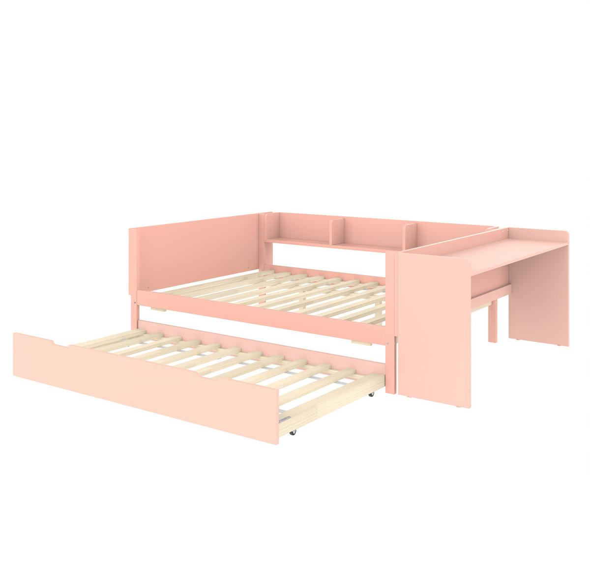 DOPPELBETT 140x200 cm in Rosa mit Schreibtisch, Rollbett und 3 Regalen - Rosa, Holz (140/200cm) - IVMEU