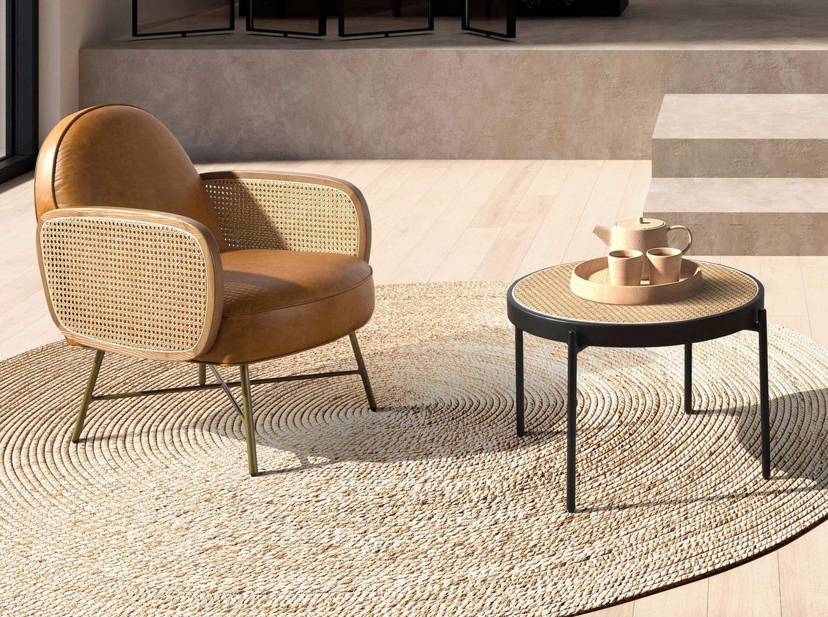 COUCHTISCH Runder Couchtisch aus Rattan, schwarzem Holz und schwarzem Stahl Ø66/40 cm - Schwarz/Naturfarben, Naturmaterialen/Holzwerkstoff (66/66/40cm) - ANGEL CERDA