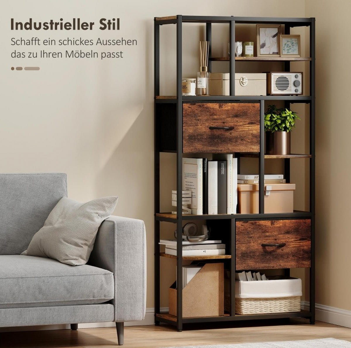 STANDREGAL 30/72,5/150 cm mit 2 Stoffschubladen und 9 offenen Fächern in Holzoptik, Braun - Braun, Holzwerkstoff (72.5/150/30cm) - Redom