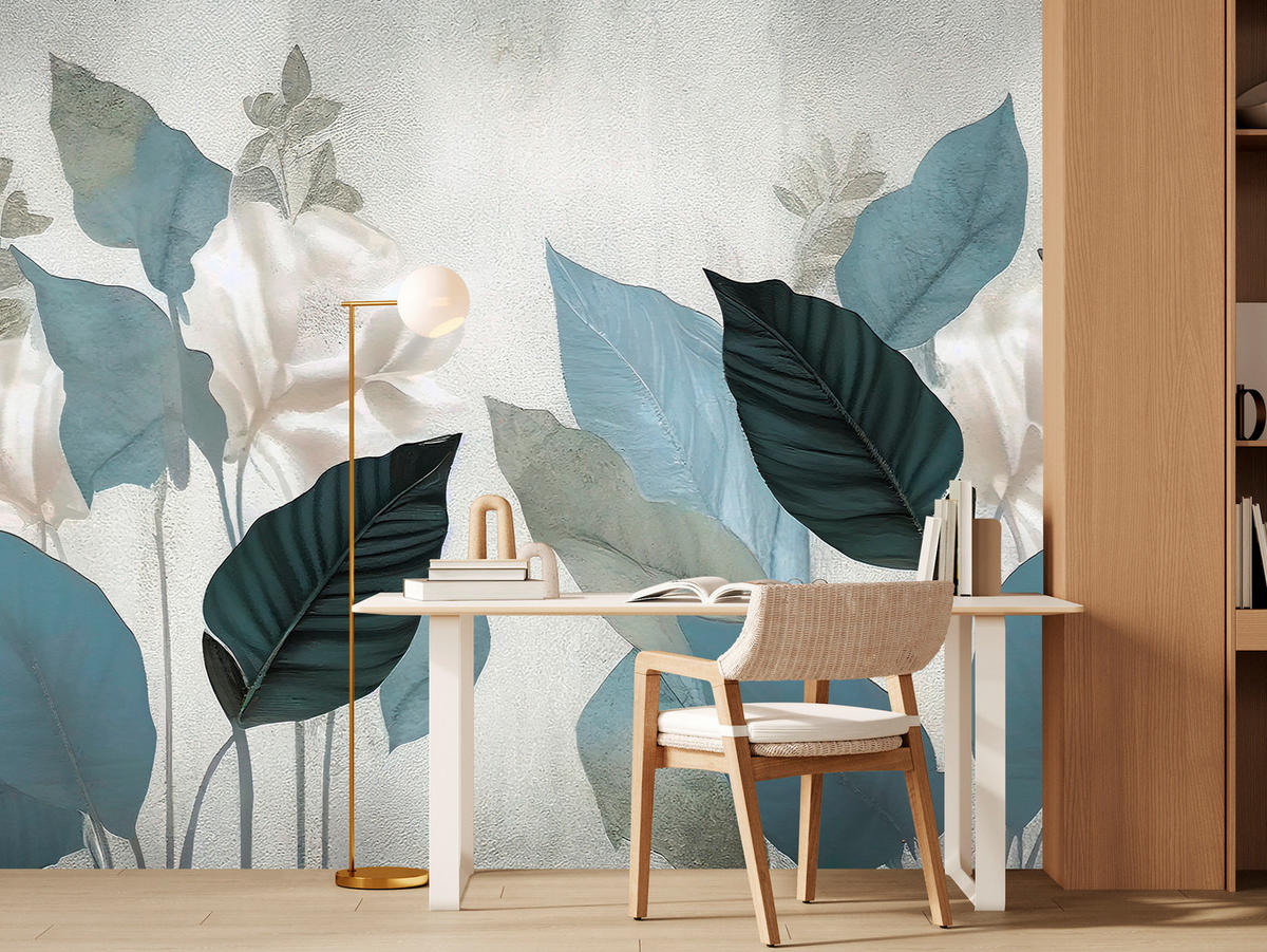 FOTOTAPETA Pre Obývaciu Izbu Modré Listy Betón Vintage Minimalistická 400 x 280 cm - sivá, papier (400/280cm) - Muralo