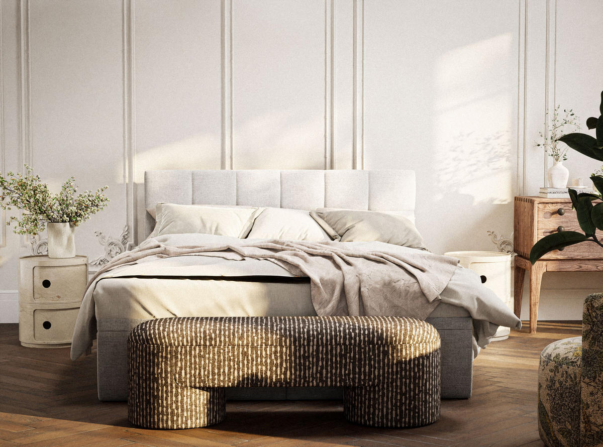BOXBETT 160/200 cm Gotu S, in Hellbeige, Matratze, gepolstertes Kopfteil, Bettkasten, H3 = fest - Beige/Schwarz, Holz/Holzwerkstoff (160/200cm) - Maison de Reve