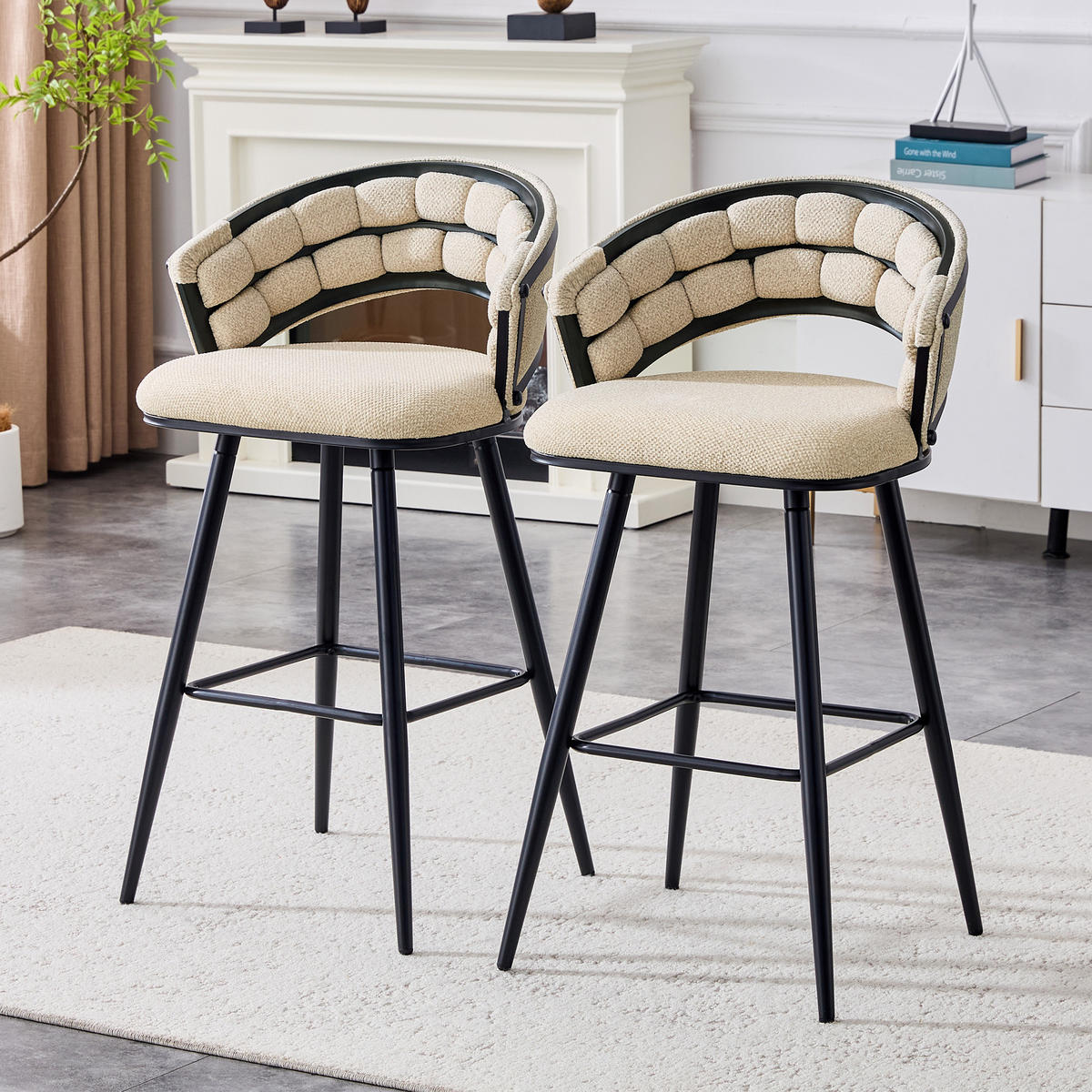 BARHOCKER 2er-Set Beige mit Samt und schwarzen Eisenbeinen - Beige, Metall (56/98.5/50.5cm) - PANGIVO