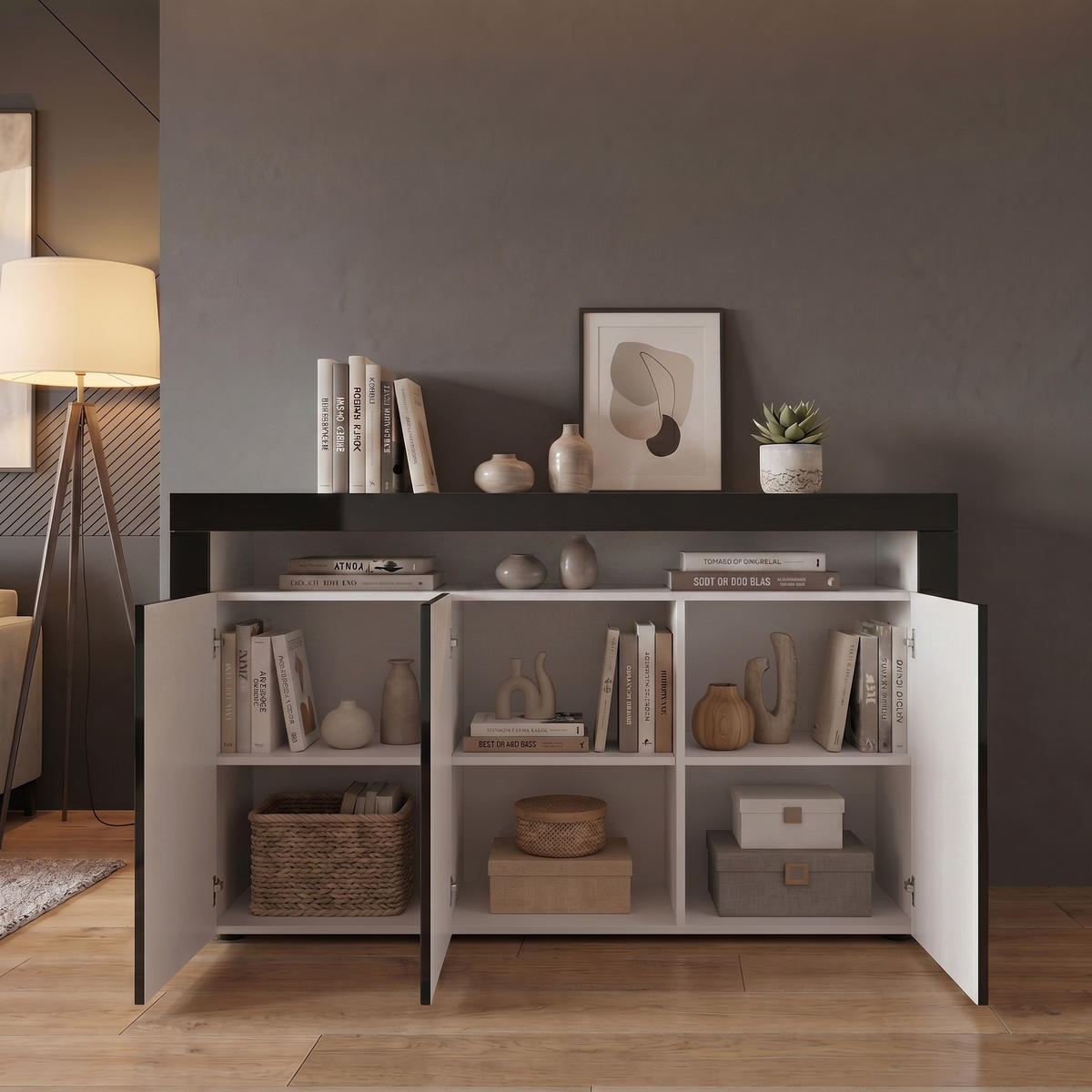SIDEBOARD Valencia Schwarz Hochglanz / Schwarz Hochglanz - Schwarz Hochglanz, Holzwerkstoff (155/92/40cm) - Vladon