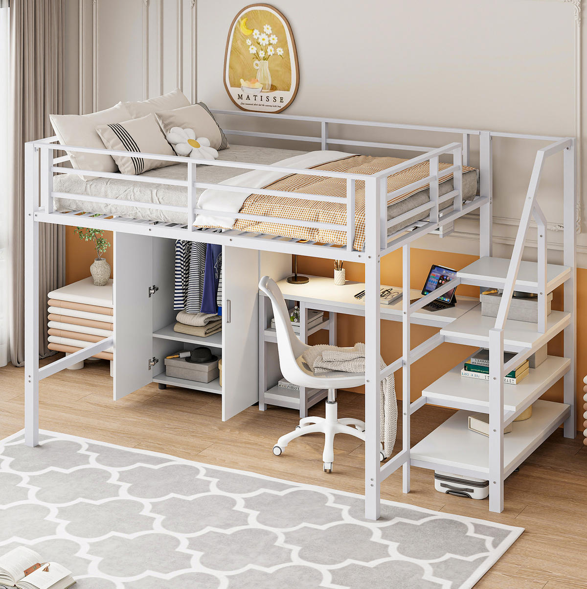 HOCHBETT 140/200 cm in Weiß mit Schreibtisch, Kleiderschrank und Regalen - Weiß, Metall (140/200cm) - Flora Grace