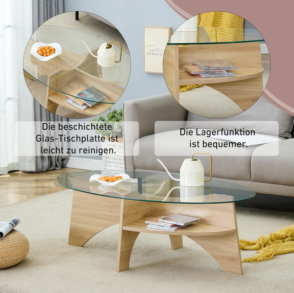 COUCHTISCH 104,9/60 cm mit Ablagefach, Sicherheitsglas und ovalem Design, Transparent/Holzfarben - Transparent, Glas (104.9/60/45cm) - Modfu