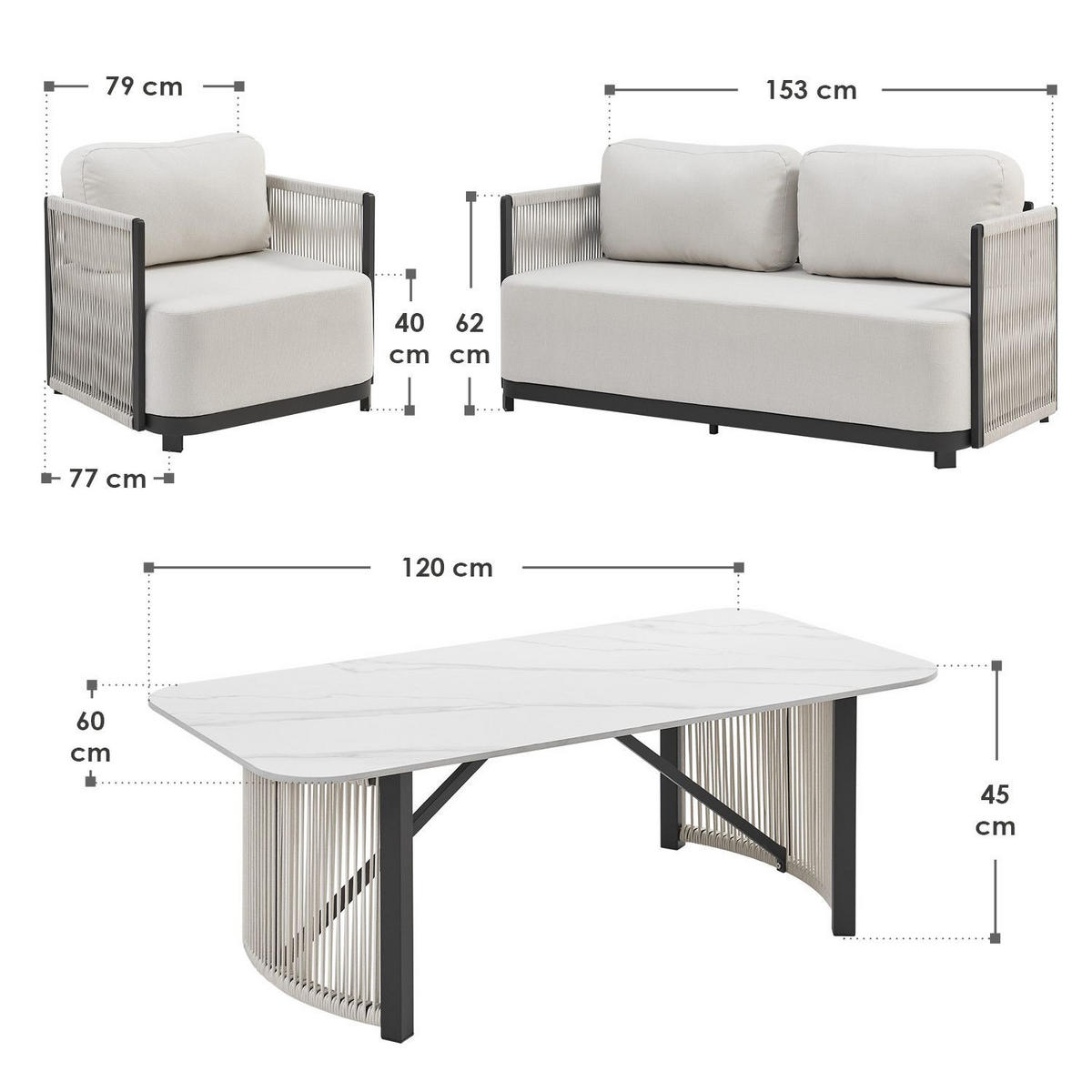 GARTEN-LOUNGE-SET Curacao beige 4-tlg. - Beige, Metall - Juskys