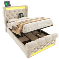 POLSTERBETT 90/200 cm Beige aus Samt mit LED und Stauraum - Beige, Textil (90/200cm) - OKMYHOME