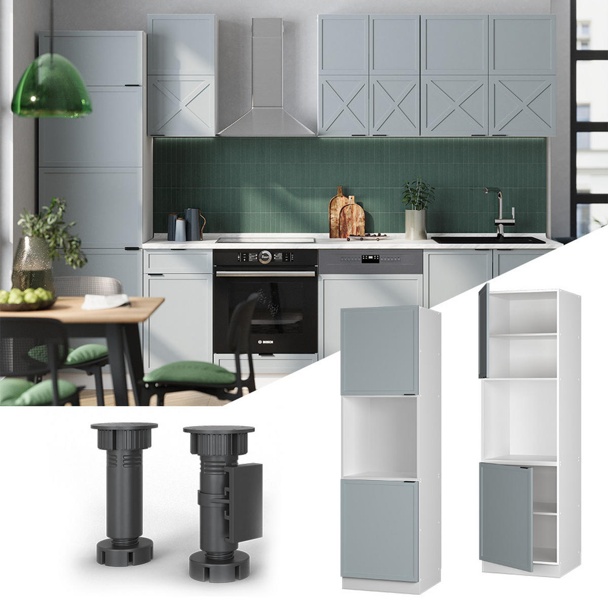 HERDUMBAUSCHRANK Fame-Line Hellblau-grau 60 cm mit offenem Regal - Blaugrau/Weiß, Holzwerkstoff (60/206.8/58cm) - Vicco