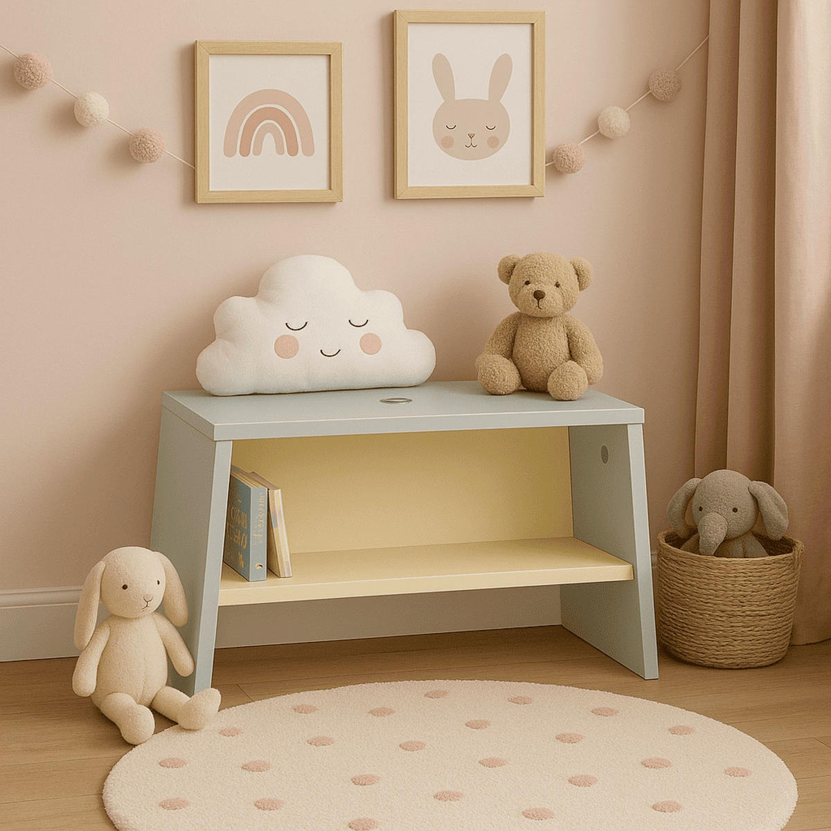 KINDERHOCKER mit Ablage - L46 cm - Tuli - Grün, Holzwerkstoff (25/30.5/46cm) - Calicosy