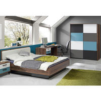 JUGENDZIMMER Raven in Schlammeiche, Grau kombiniert mit Weiß, Schwarz und Orientalisch Grün 4 teilig mit Schwebetürenschrank - Grau, Holzwerkstoff (120/200/80cm)