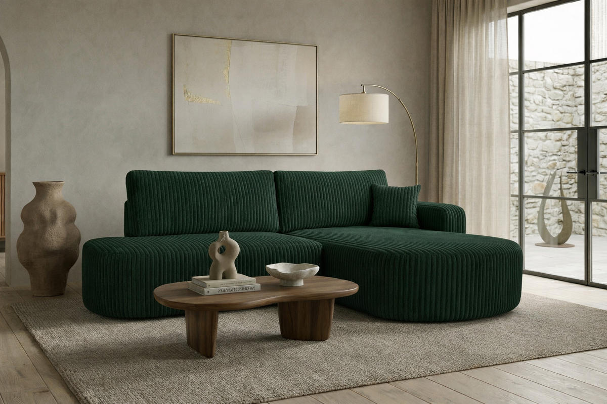 ECKSOFA Mit Schlaffunktion Und Bettkasten, Cordstoff Tilia, Grün, Rechts, ROUND ONE OPEN XL - Grün, Holz (262/175cm) - Kaiser Möbel