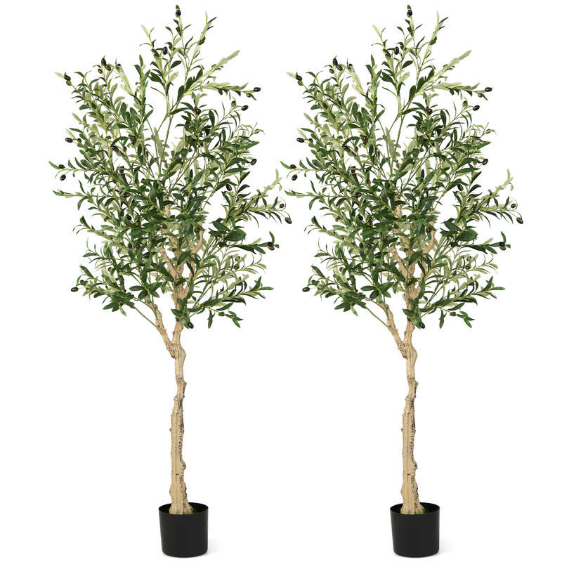 KUNSTOLIVENBAUM mit Zementtopf grün(2er-Set) - Grün, Kunststoff (180cm) - COSTWAY