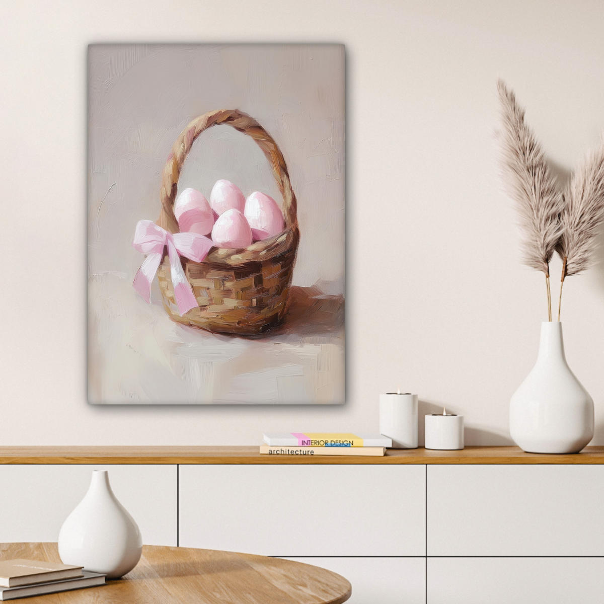 LEINWANDBILD Korb - Eier - Rosa Wandbild Wohnzimmer 60x80 cm - Beige, Textil (60/80cm) - MuchoWow