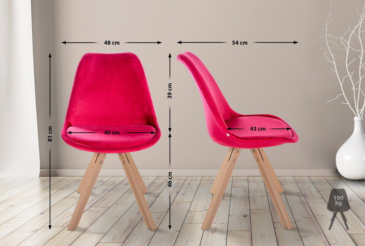 STUHL 4er Set Samt rot - Rot/Naturfarben, Holz/Textil (48/81/54cm) - CLP